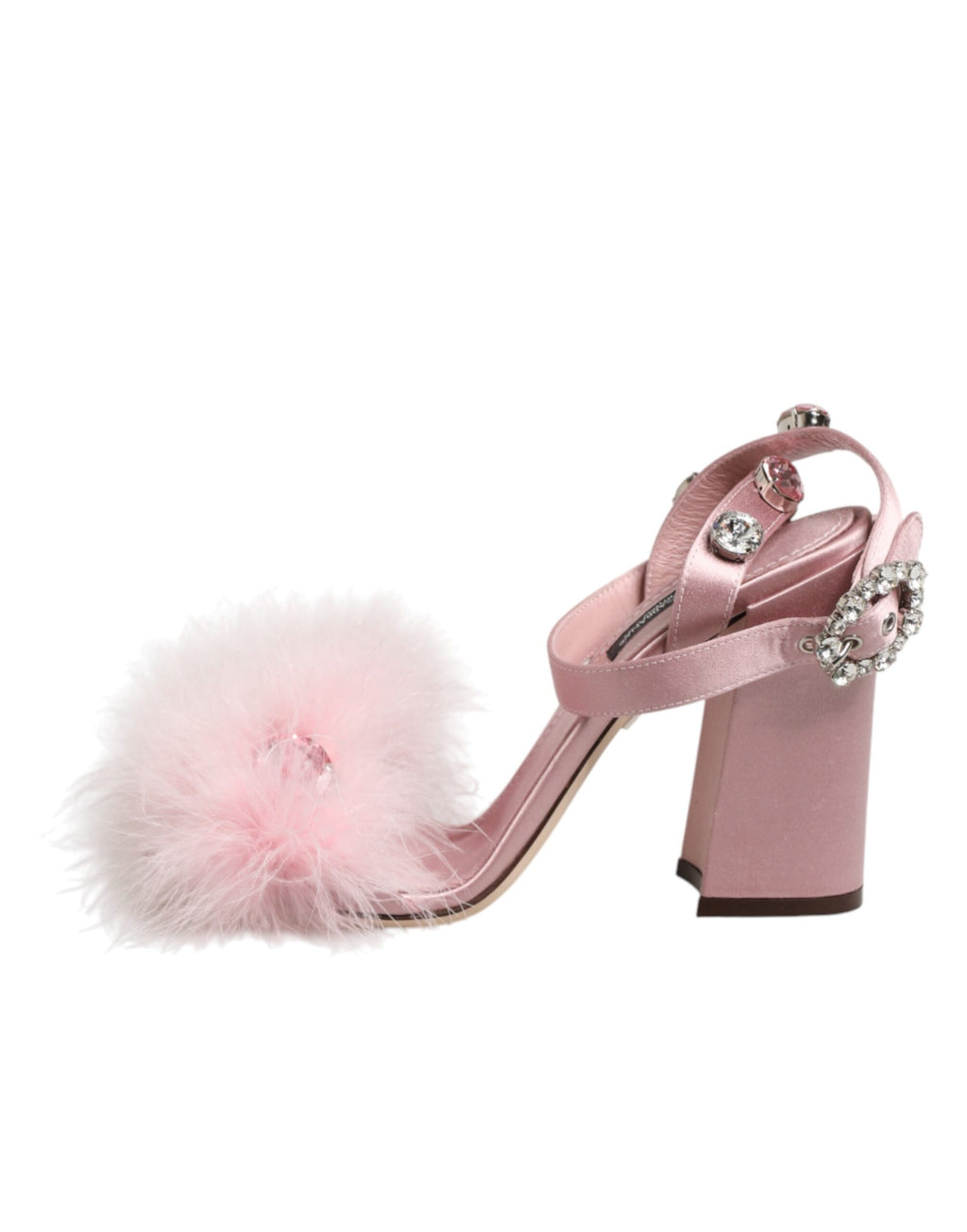 Sandales à talons Dolce & Gabbana roses avec brides à sequins roses et semelle en cuir, vue de côté.