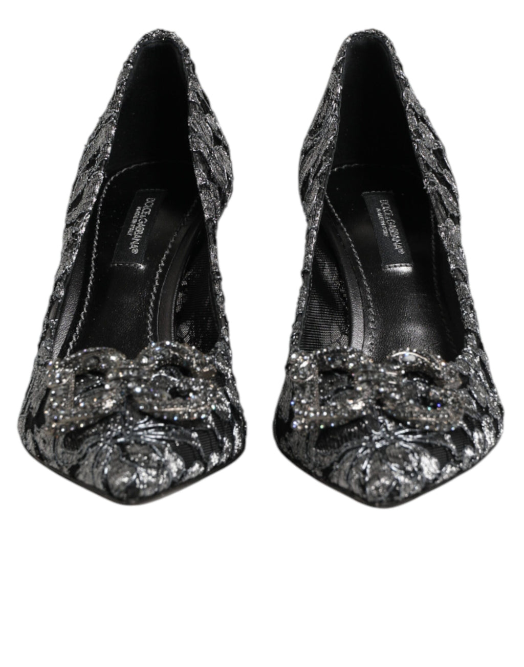 Escarpins en dentelle argentée Dolce & Gabbana DG Amore, chaussures à talons élégantes avec détails en dentelle.