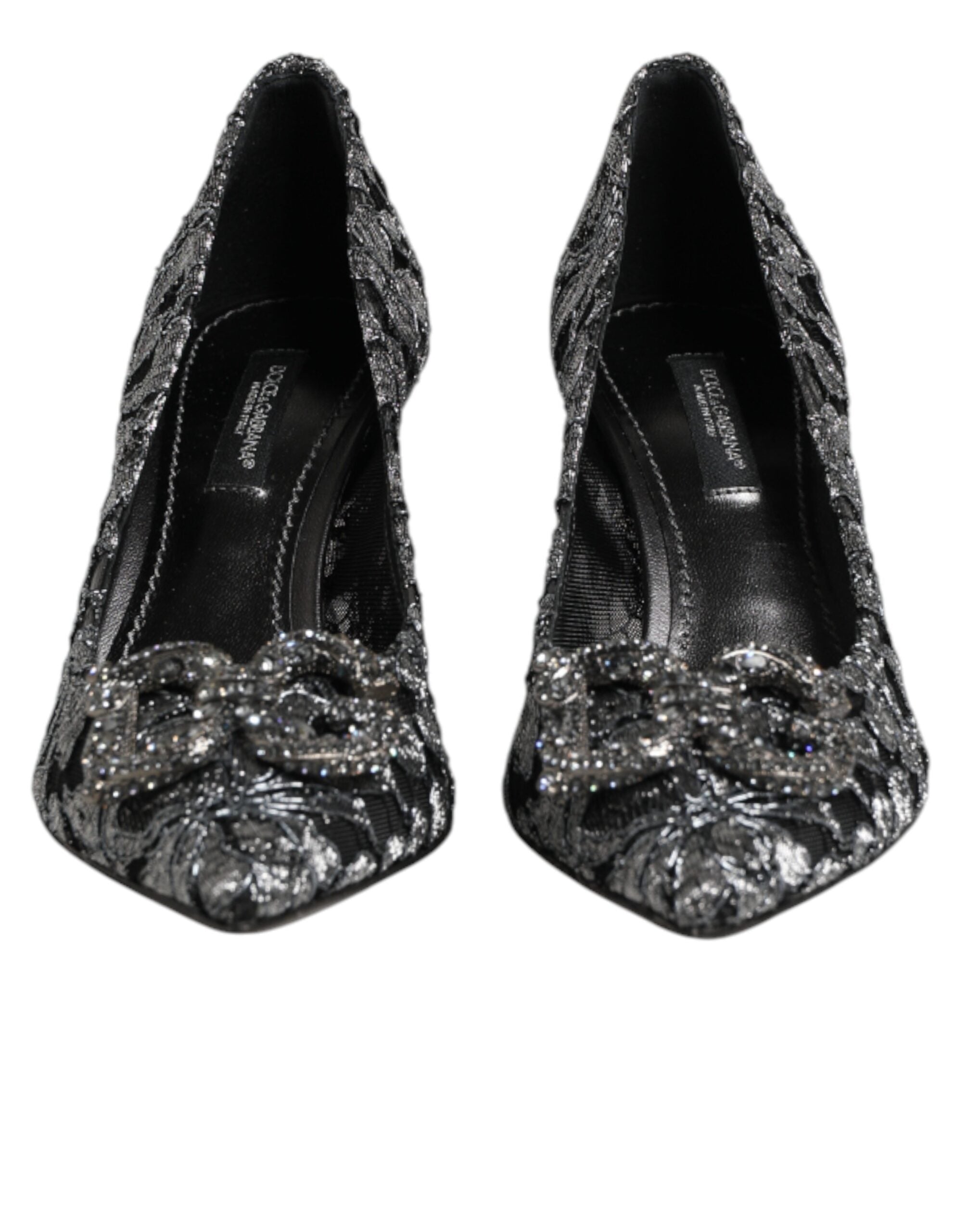 Escarpins en dentelle argentée Dolce & Gabbana DG Amore, chaussures à talons élégantes avec détails en dentelle.