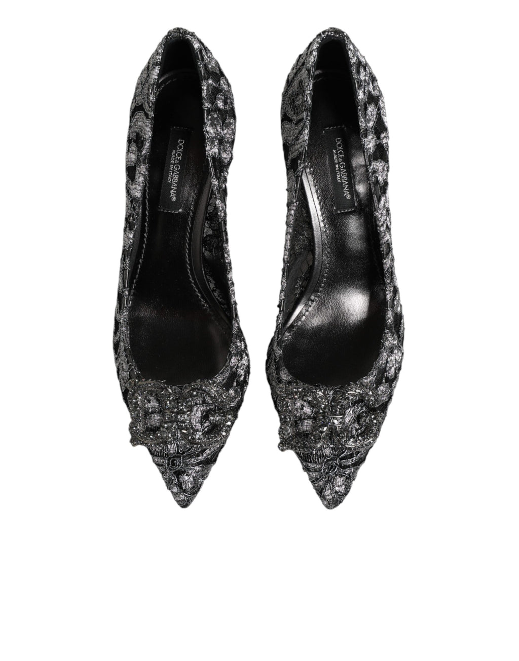 Chaussures Dolce & Gabbana Amore en dentelle argentée, talons pumps élégants, vues de face.