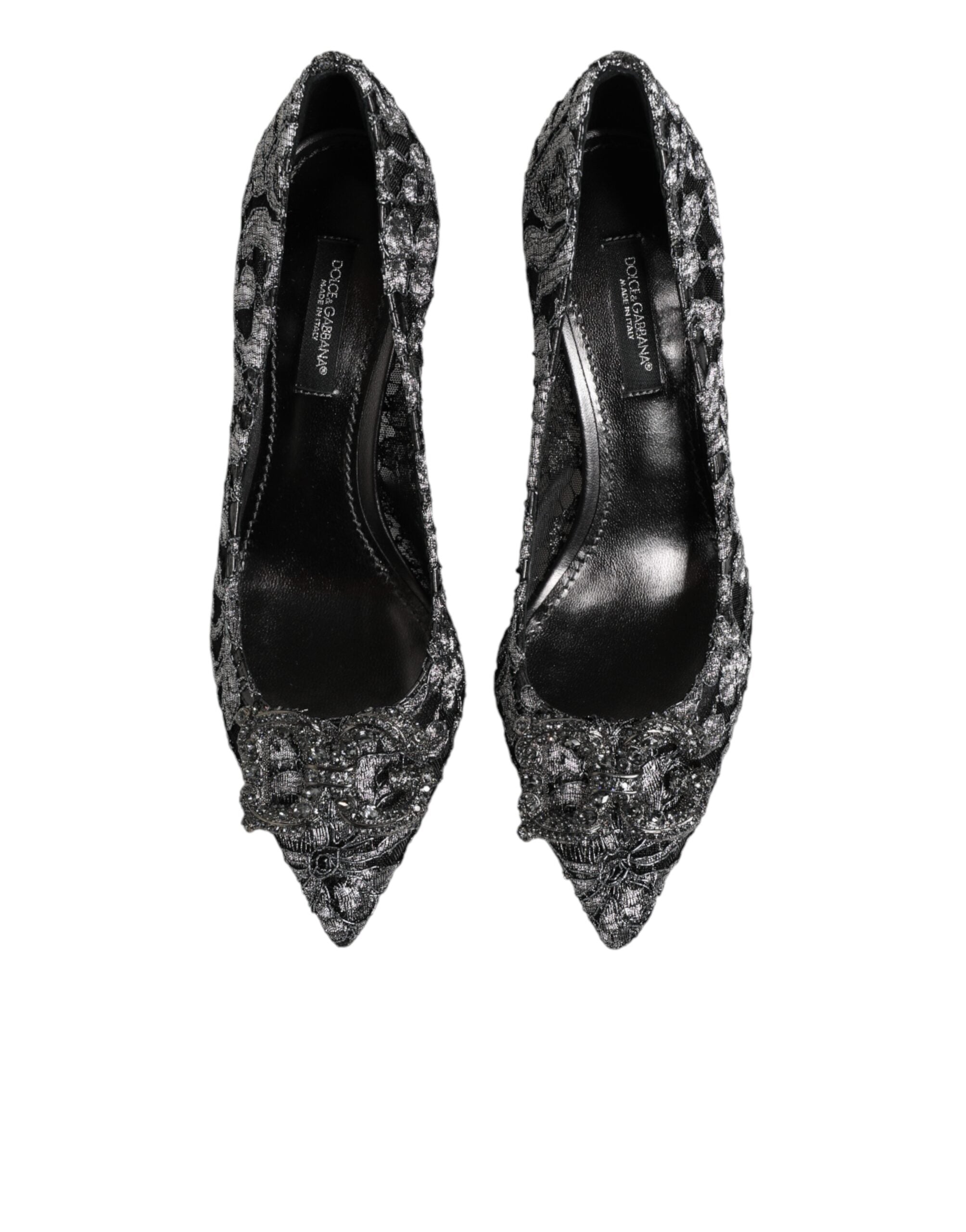 Chaussures Dolce & Gabbana Amore en dentelle argentée, talons pumps élégants, vues de face.