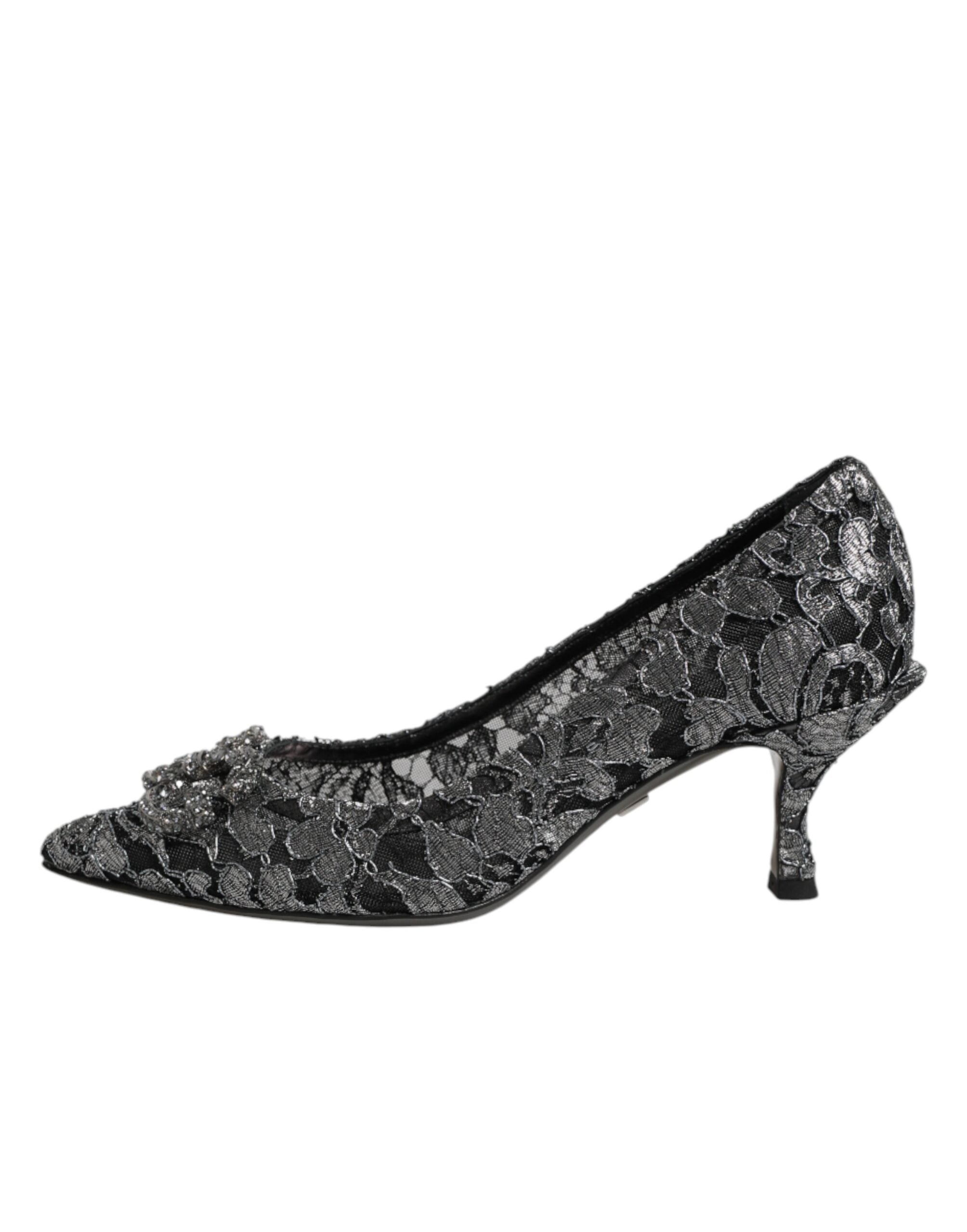Chaussures Dolce & Gabbana DG Amore en argent avec dentelle, talons hauts élégants et semelle en cuir.