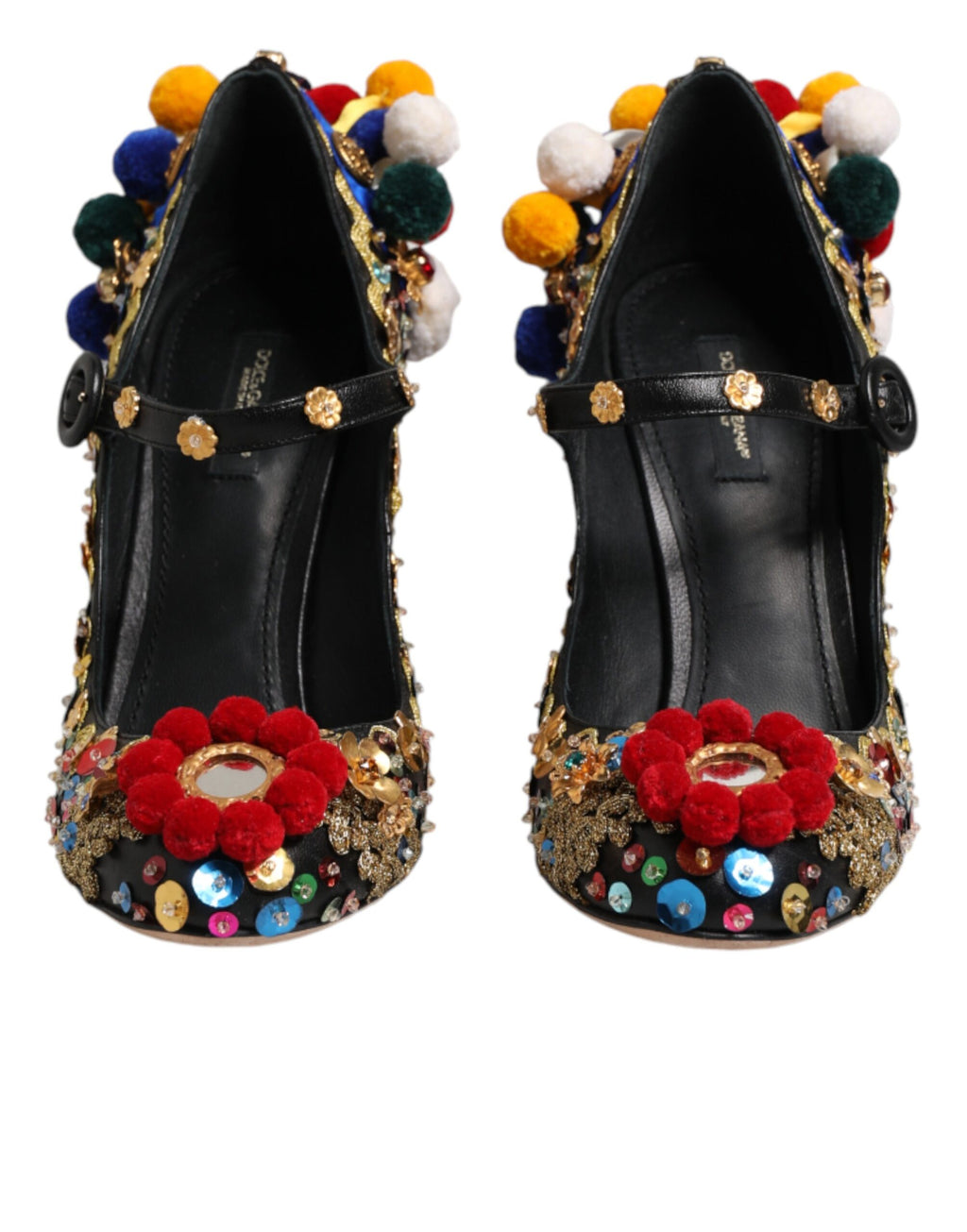 Chaussures à talons Dolce & Gabbana Mary Janes noires avec embellissements dorés et détails élégants.