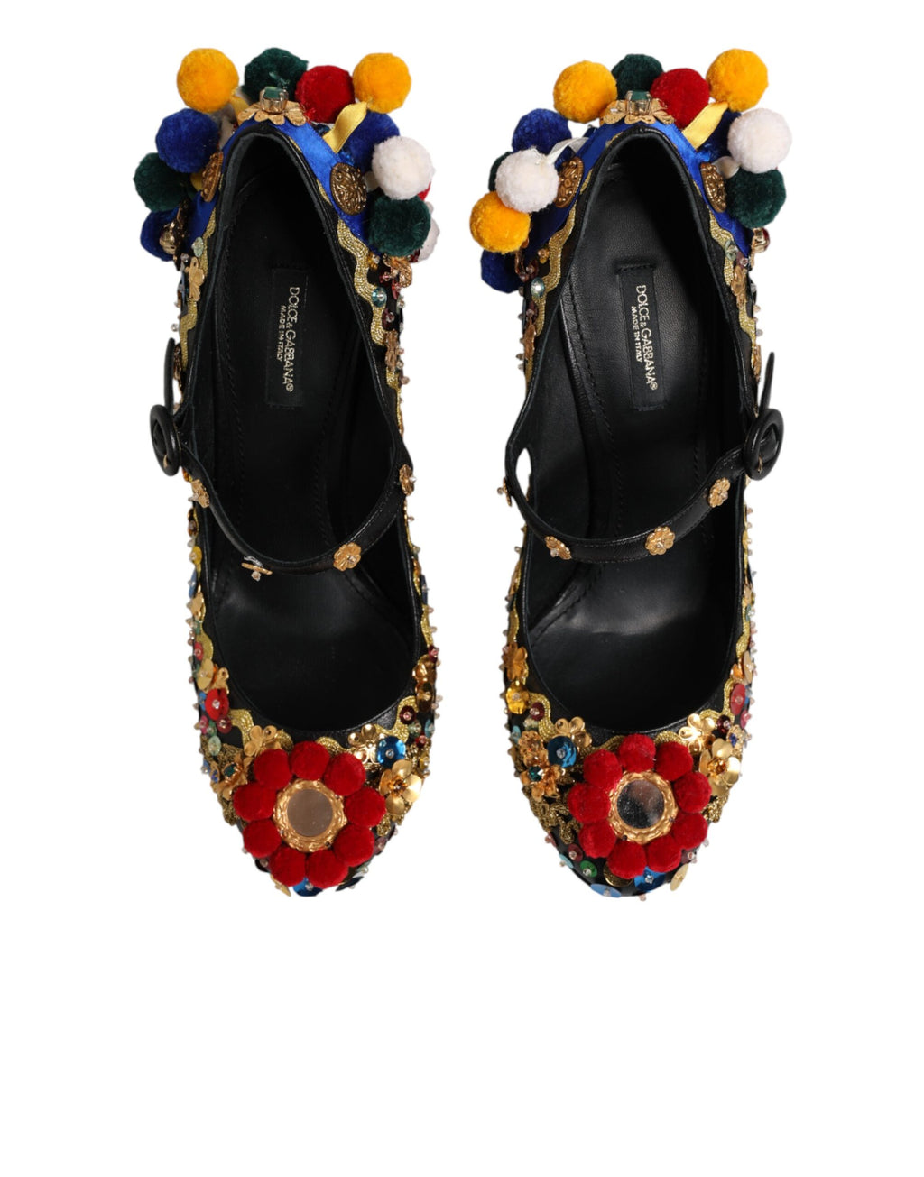 Chaussures Mary Janes Dolce & Gabbana noires et or ornées de bijoux, élégantes et sophistiquées, vues de face.