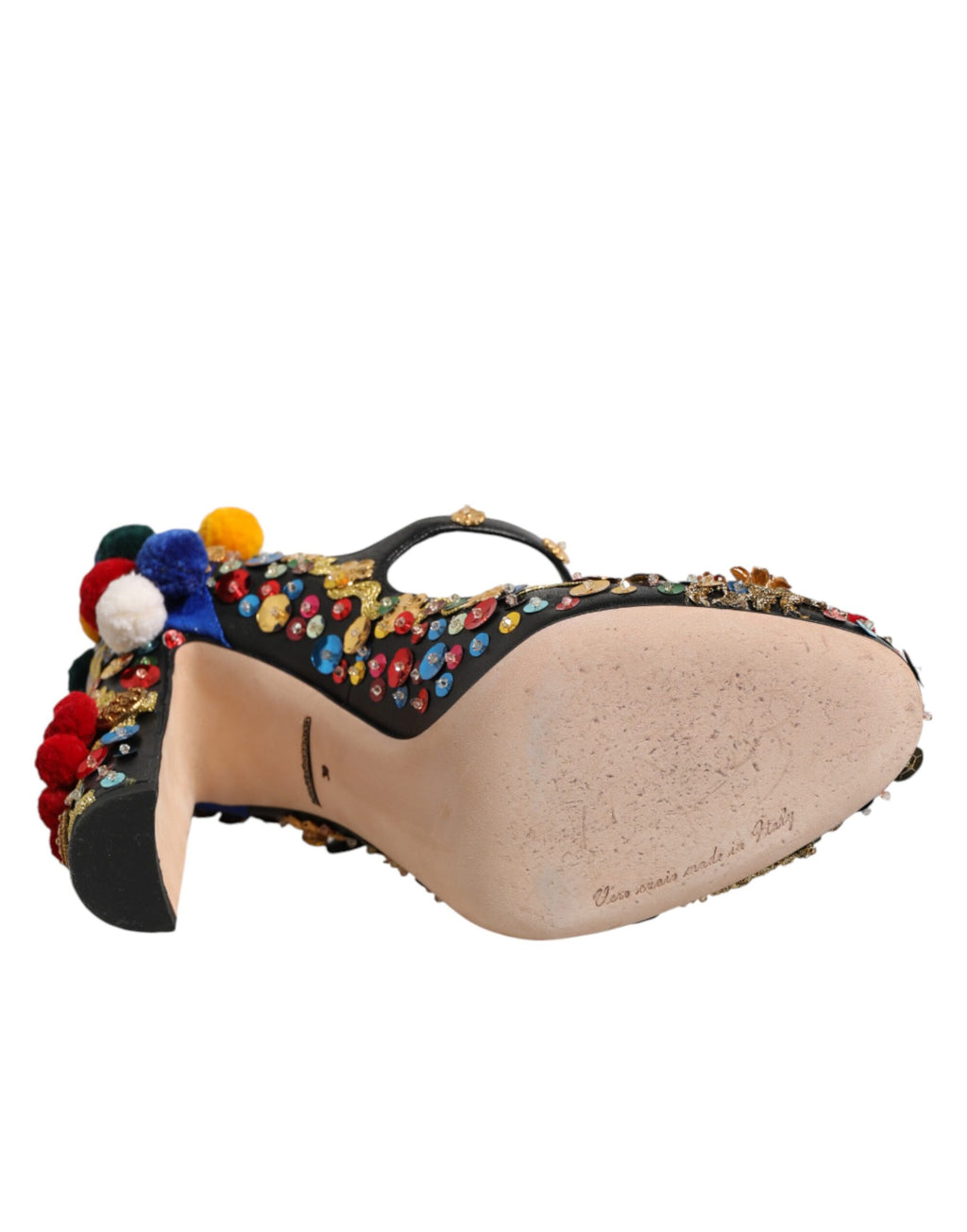 Chaussures Dolce & Gabbana Mary Janes noires avec embellissements dorés, talons et bride en cuir élégant.