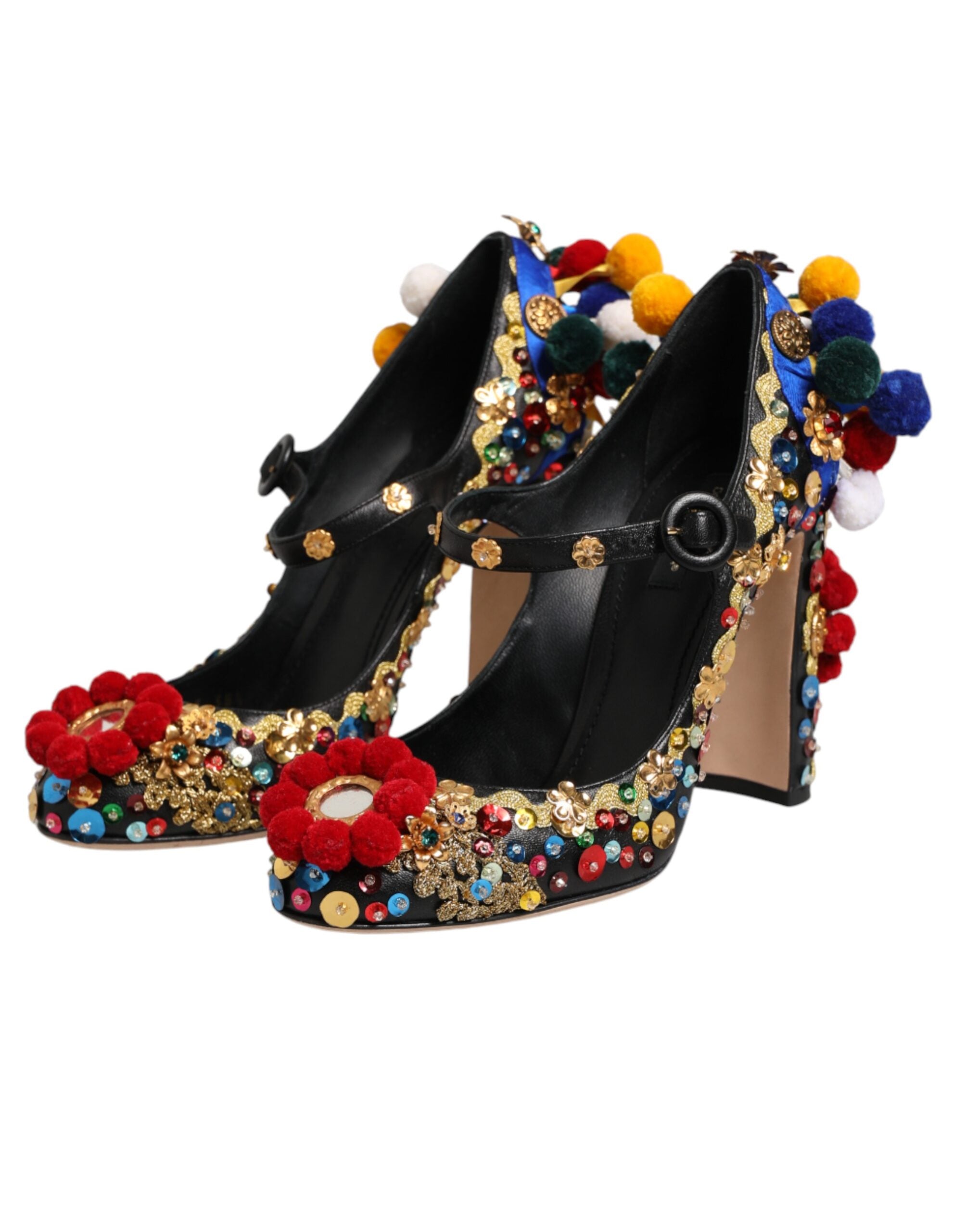 Chaussures à talons Dolce & Gabbana Mary Janes noires avec embellissements dorés, style élégant et sophistiqué.