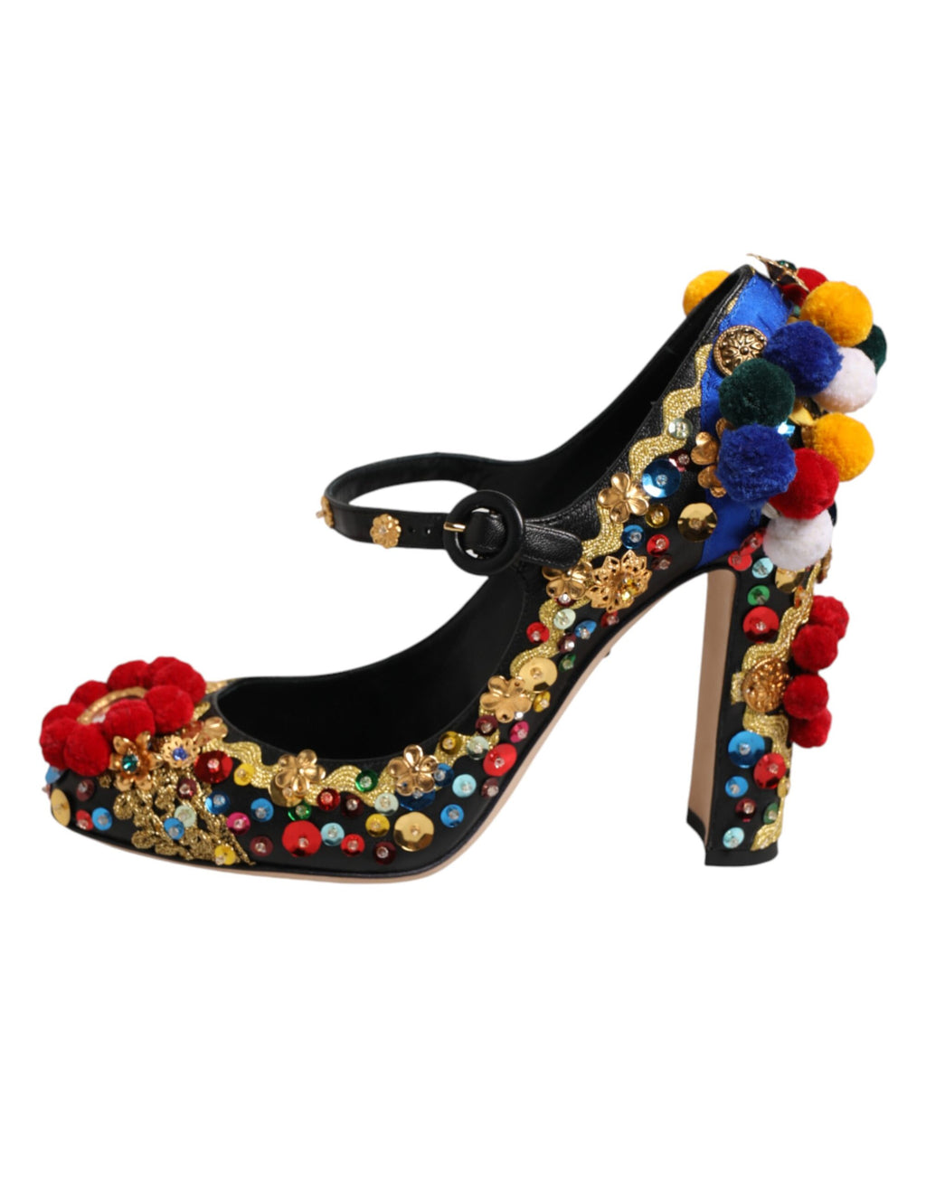 Chaussures Mary Janes noires Dolce & Gabbana avec embellissements dorés et détails élégants, semelle en cuir.