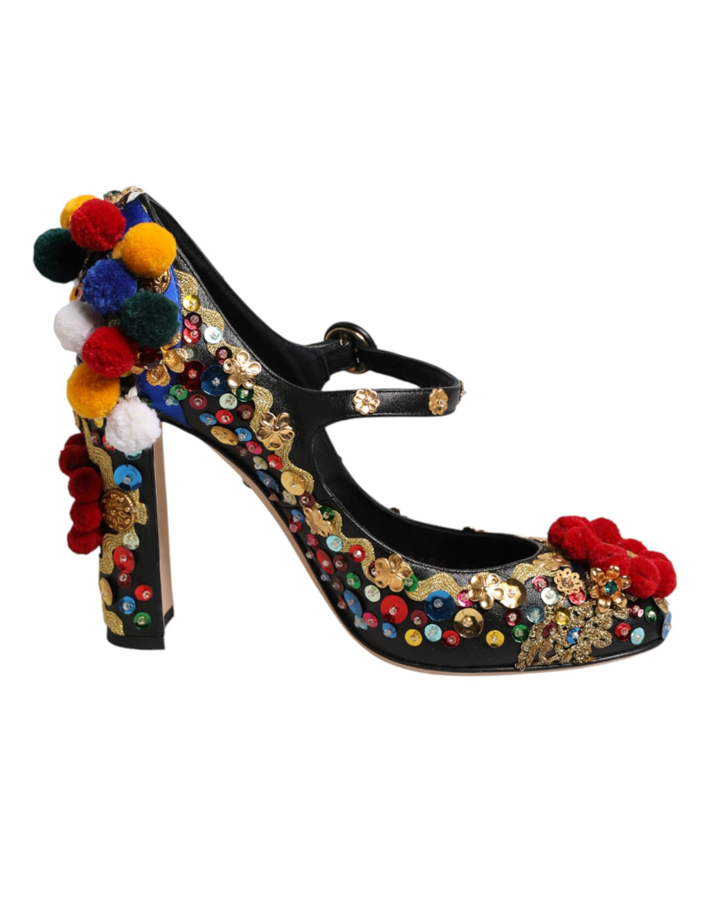 Chaussures Mary Janes Dolce & Gabbana noires et or avec embellissements, souliers élégants en cuir avec détails dorés.