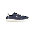 Chaussures sneakers en cuir bleu pour homme de la marque Tommy Hilfiger, vue de côté.