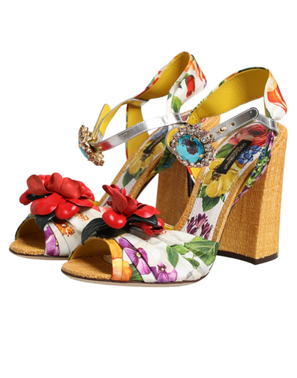 Dolce & Gabbana Mehrfarbige Sandalen mit Blumenmuster und Kristallverzierung