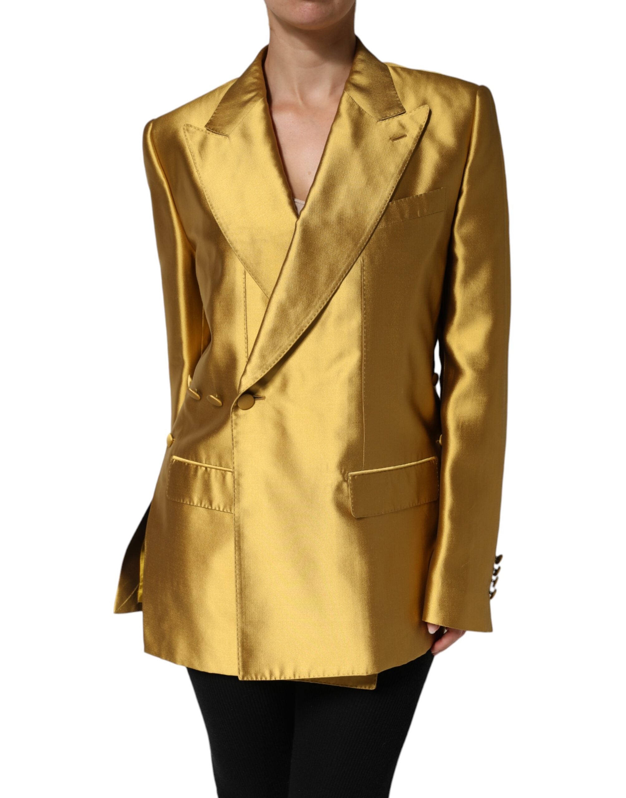 Blazer long à manches longues en satin doré de Dolce & Gabbana, élégance sophistiquée pour un look chic et moderne.