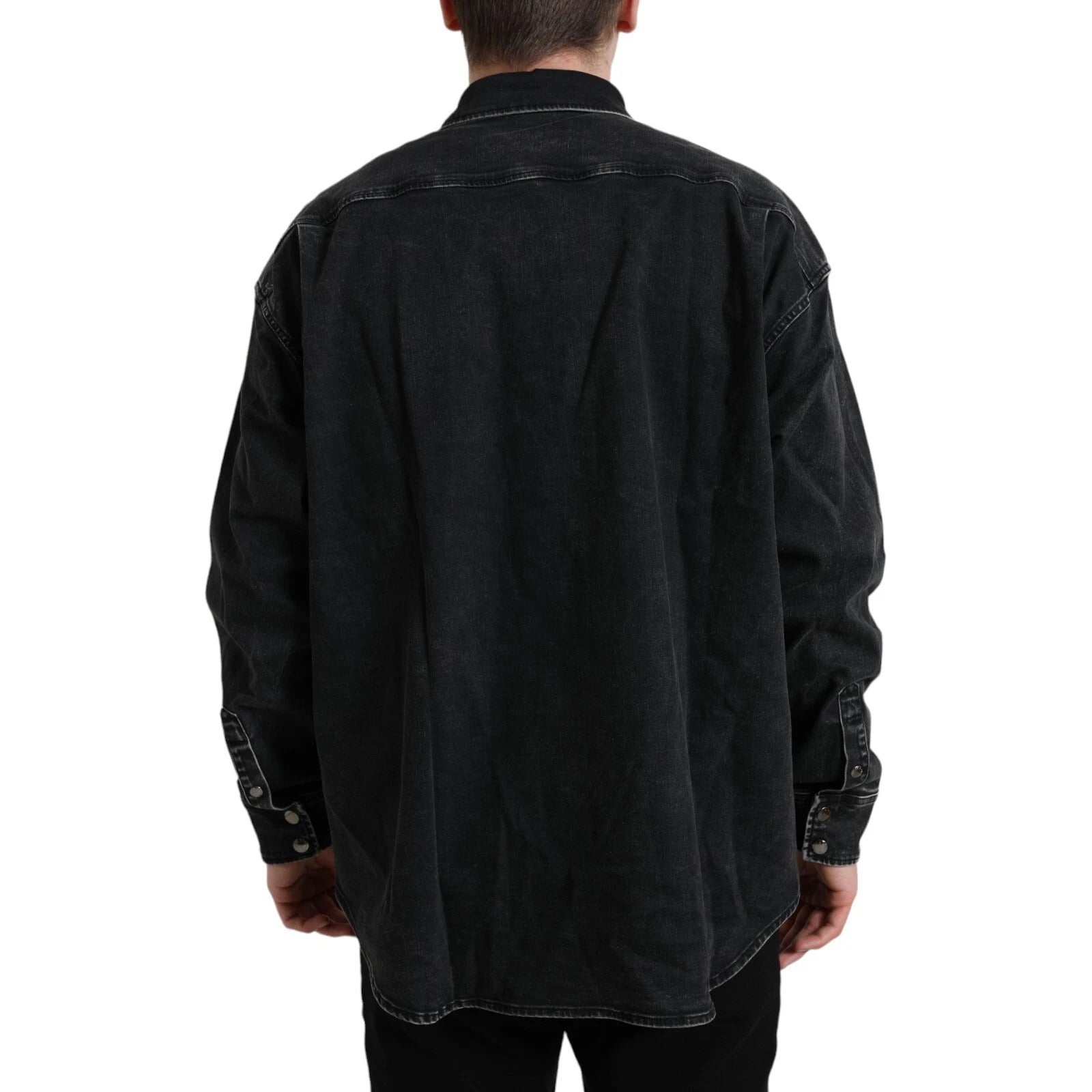 Chemise décontractée en denim noir Dolce & Gabbana en coton à manches longues, vue de face.