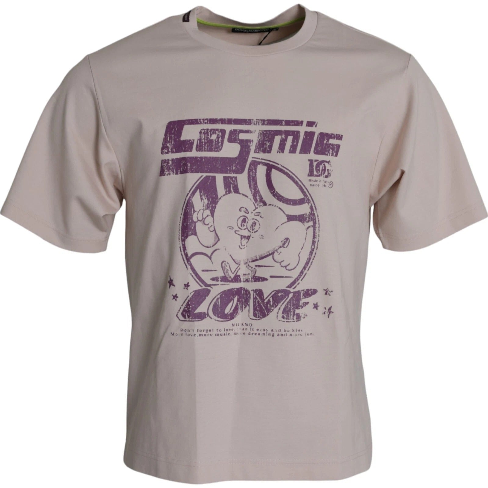 T-shirt en coton beige Dolce & Gabbana Cosmic Love avec col rond, image montrant le design et la texture du tissu.