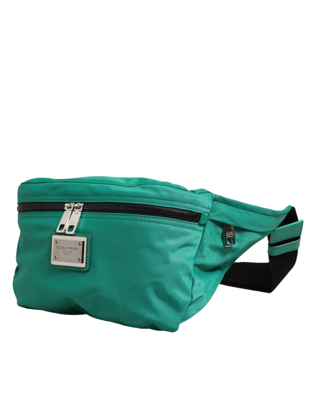 Sac banane en nylon vert avec logo Dolce & Gabbana, sac à taille pour homme, style pratique et tendance.