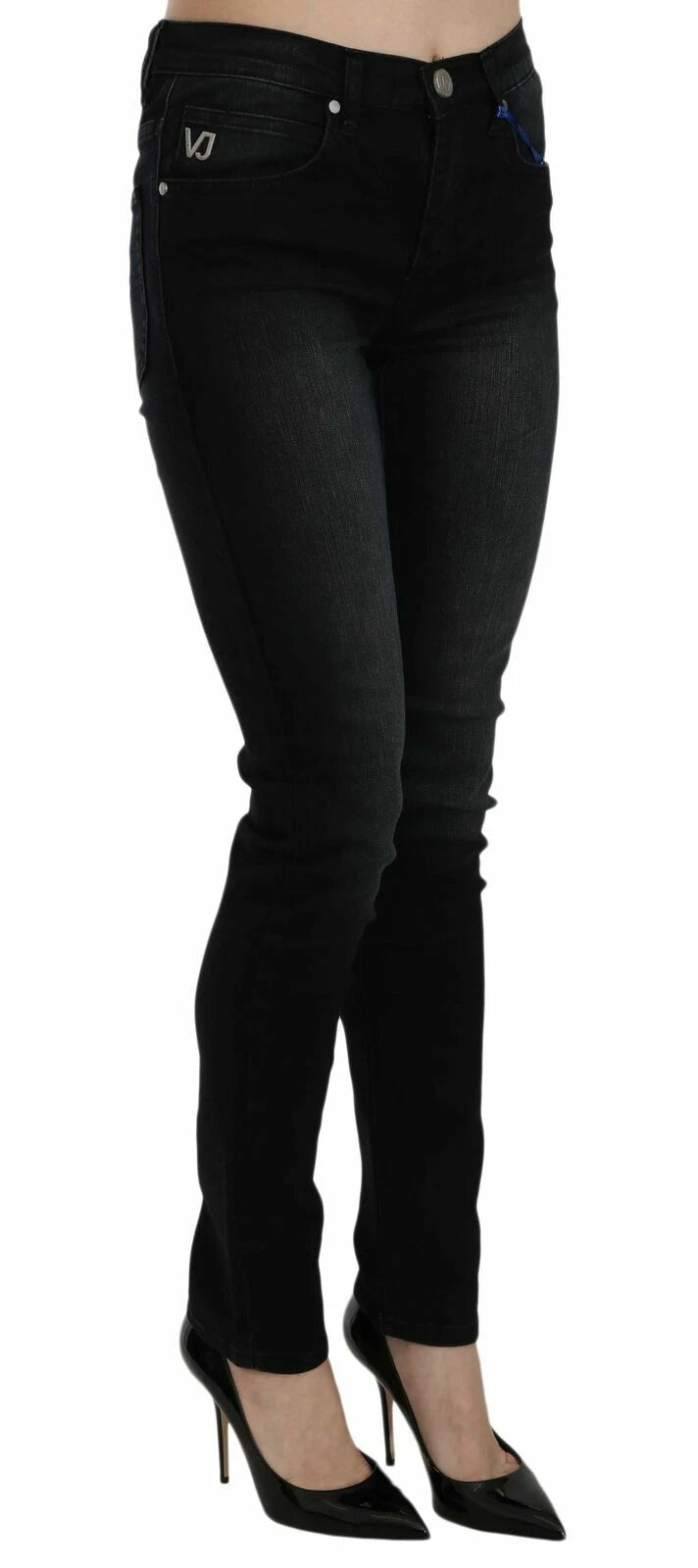 Pantalon en denim slim noir foncé Versace Jeans Couture, coupe ajustée, style moderne et tendance.