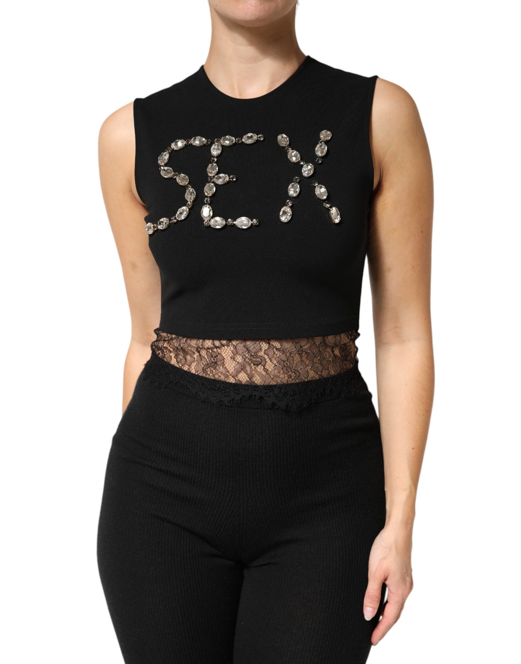 Débardeur en jersey noir Dolce & Gabbana avec dentelle, ruches et strass, ajusté et élégant pour un look sophistiqué.