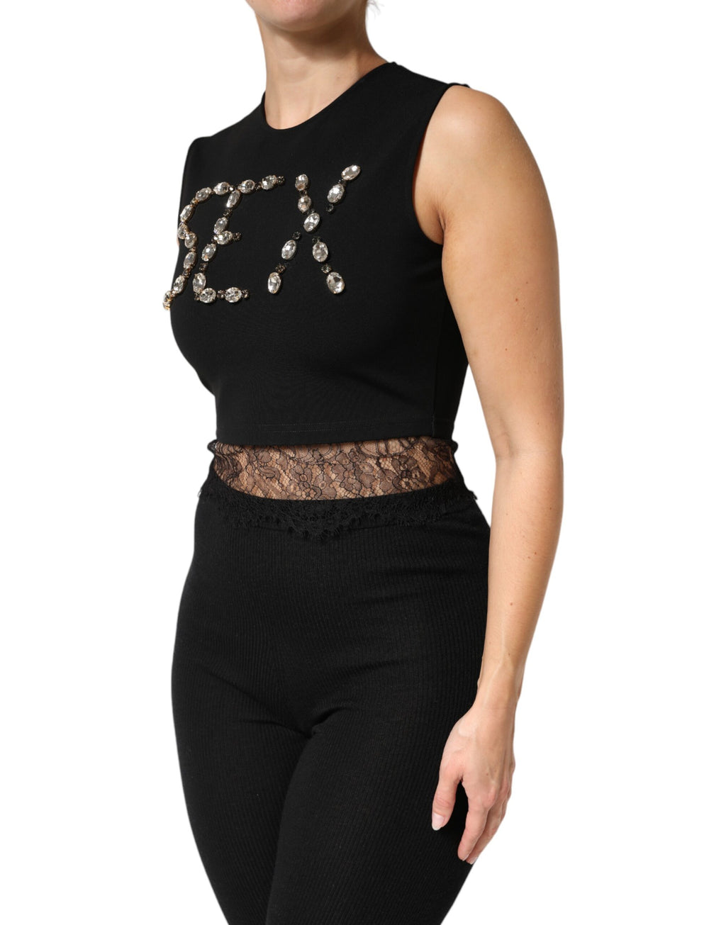 Débardeur noir en jersey Dolce & Gabbana avec dentelle, ruches et détails en strass, style élégant et sophistiqué.