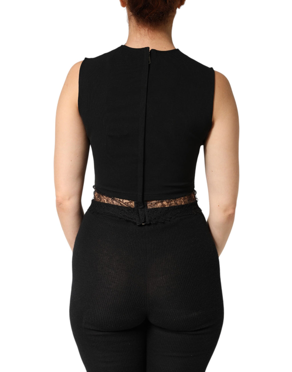 Débardeur en jersey noir Dolce & Gabbana avec dentelle, ruches et strass, style élégant et féminin.