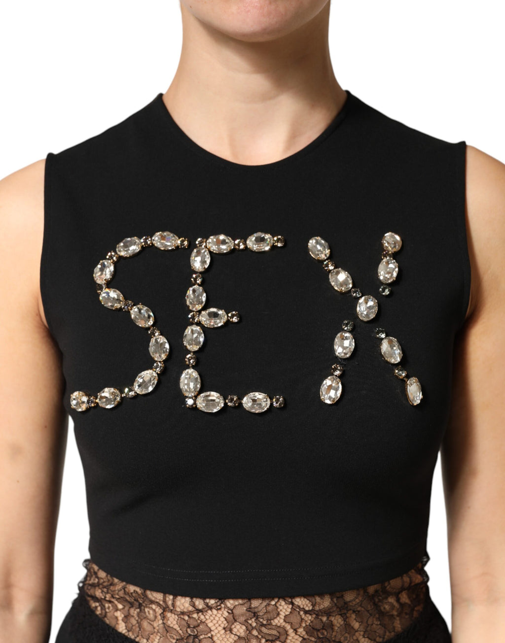 Débardeur noir en jersey Dolce & Gabbana avec dentelle, ruchés et strass, élégant et ajusté.