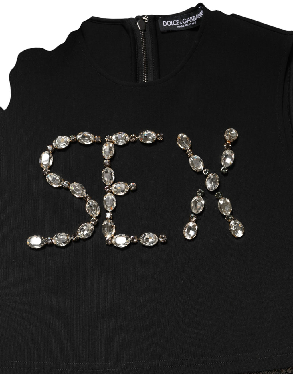 Débardeur noir en jersey avec dentelle, ruché et strass, de la marque Dolce & Gabbana, visible en détail sur l'image.