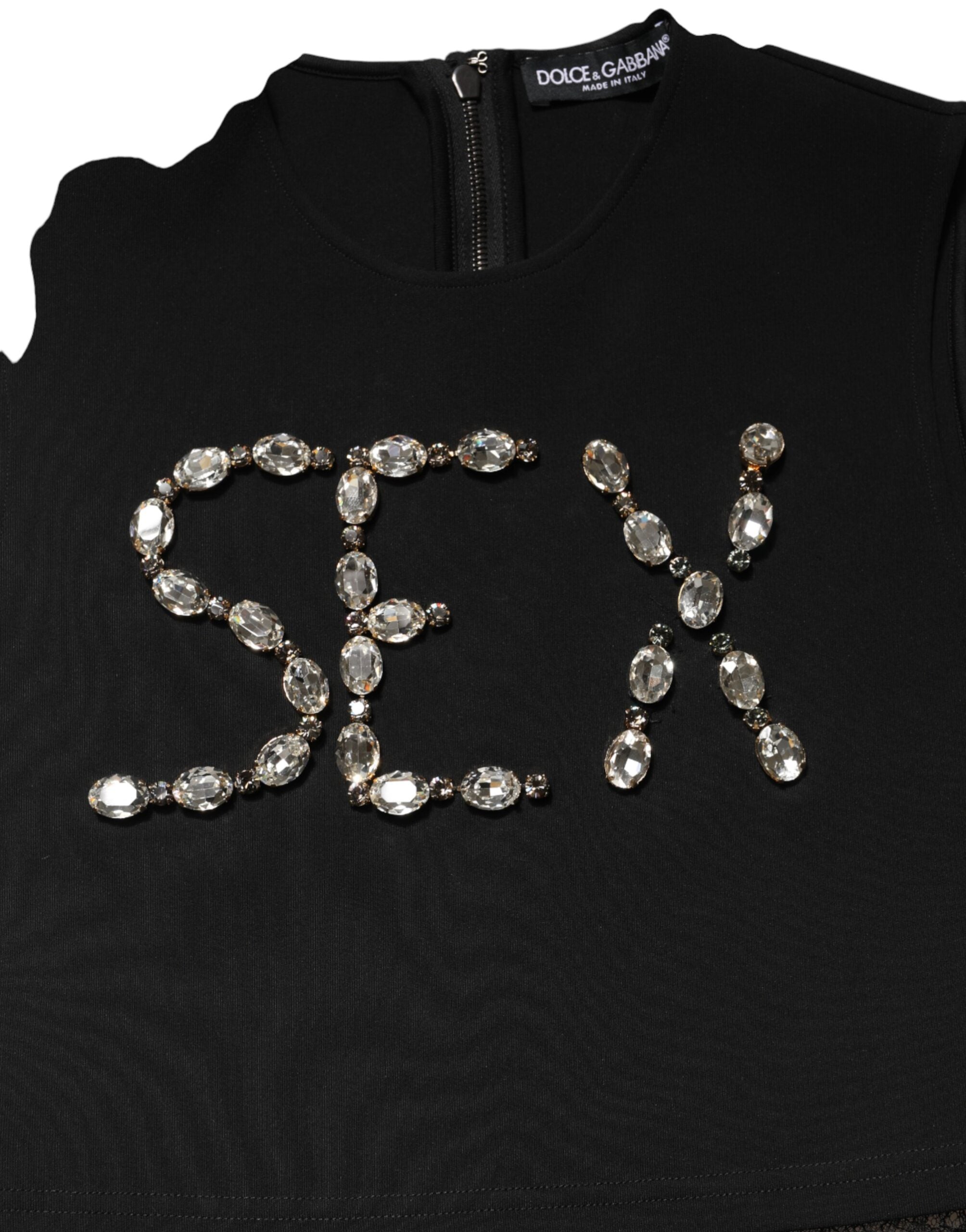 Débardeur noir en jersey avec dentelle, ruché et strass, de la marque Dolce & Gabbana, visible en détail sur l'image.