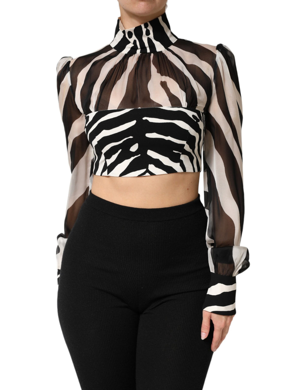 Haut court en chiffon à coupe zébrée de Dolce & Gabbana, avec panneaux et motif animalier noir et blanc.