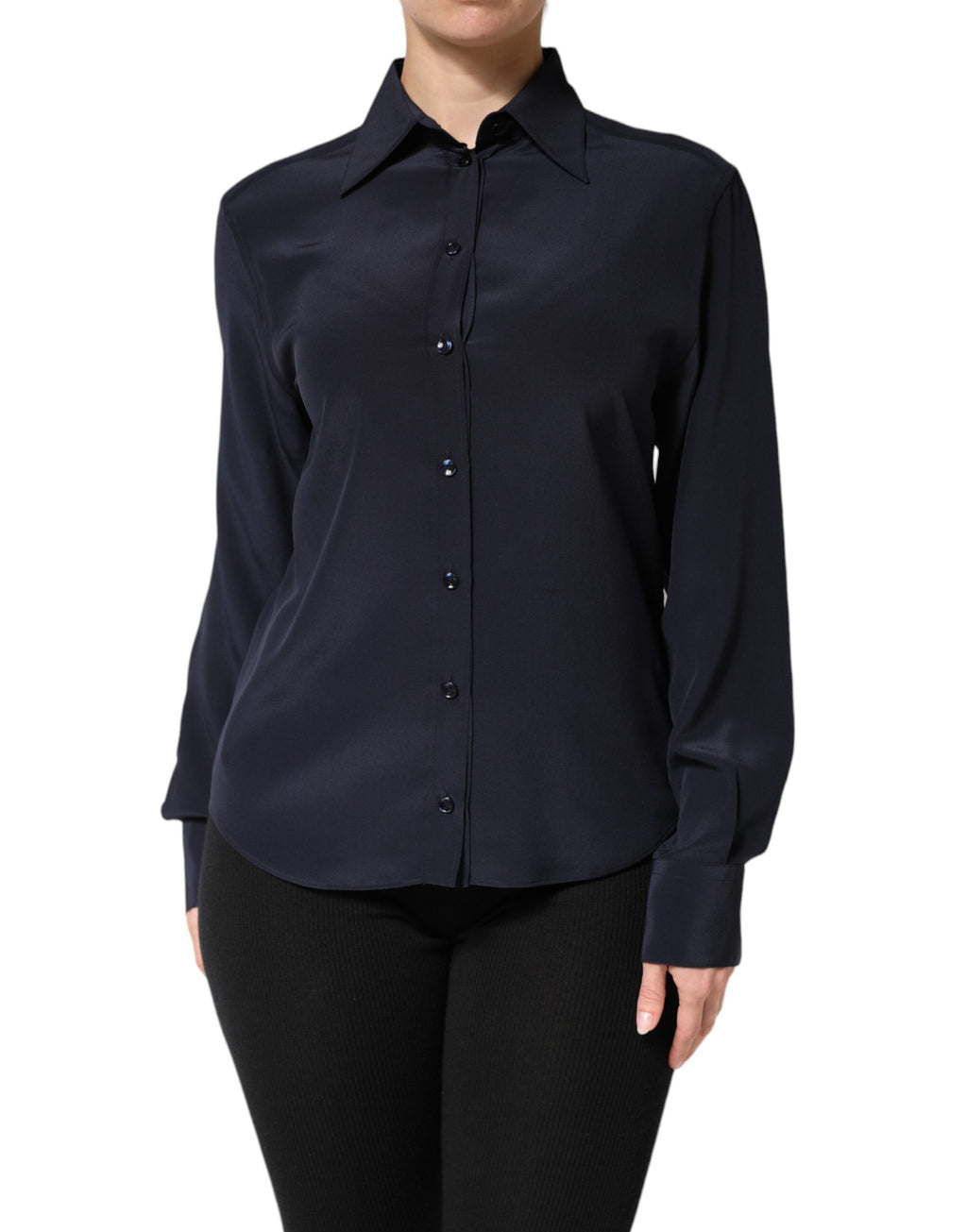 Chemise Dolce & Gabbana à manches longues bleue avec col, vue de face, en tissu élégant et sophistiqué.