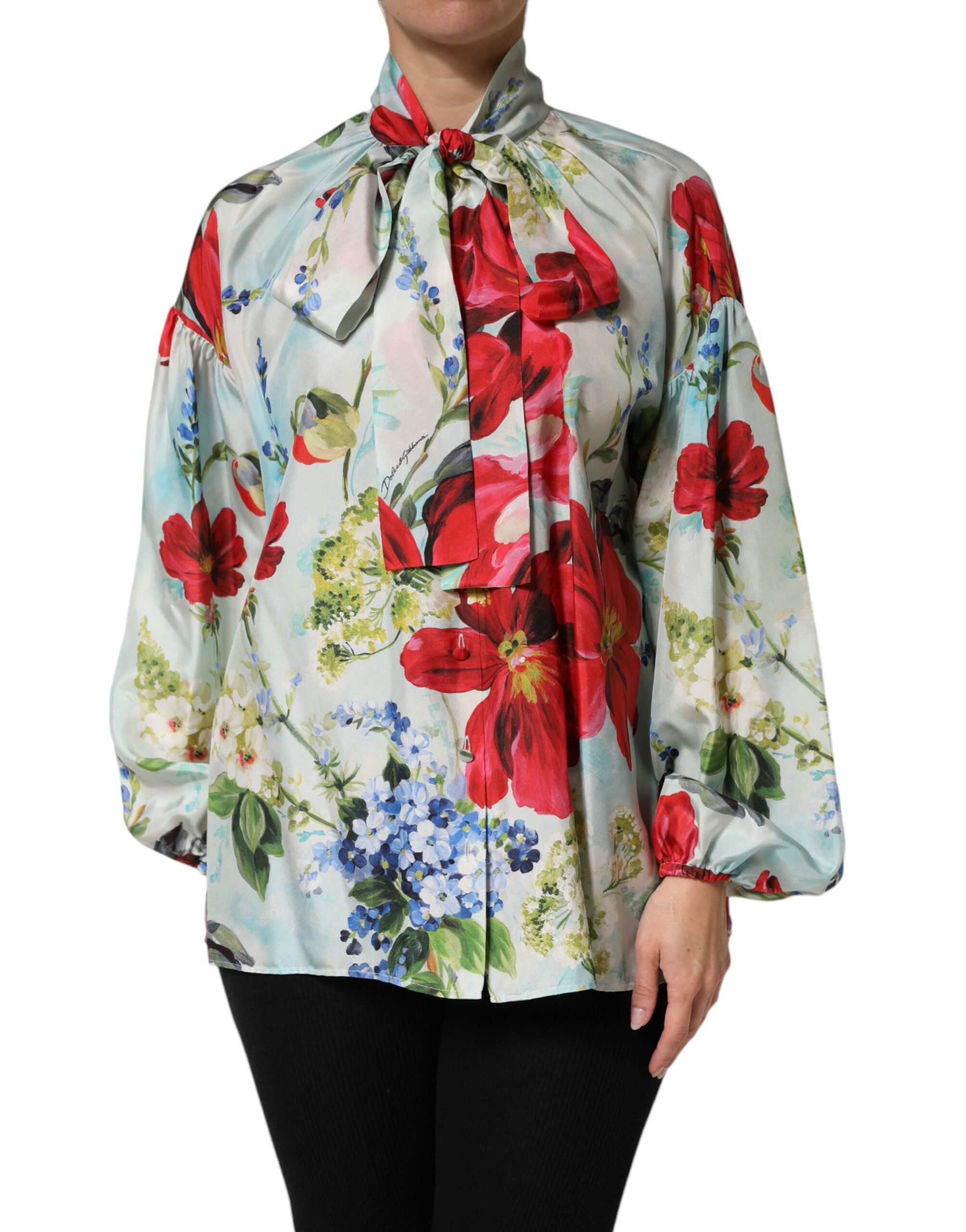 Chemise à manches longues Dolce & Gabbana à fleurs multicolores, motif floral coloré sur fond clair.
