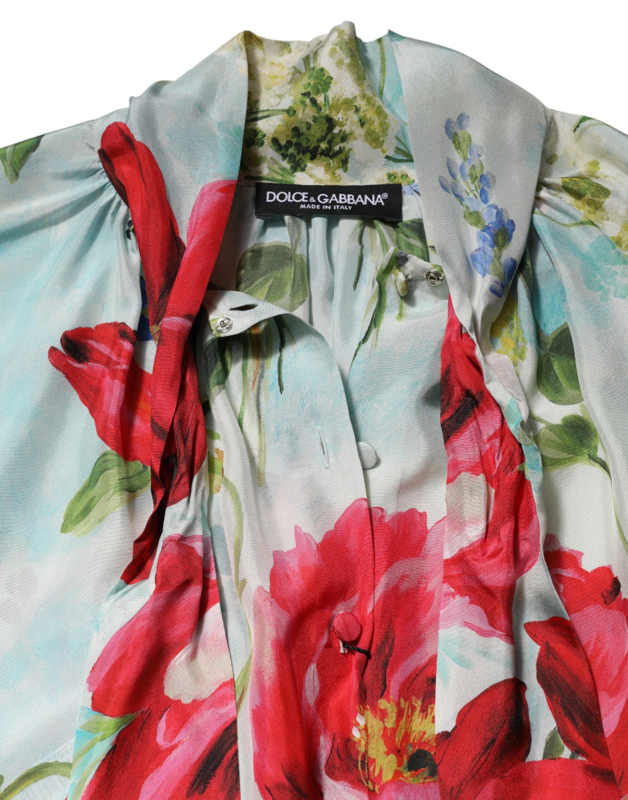 Blouse à manches longues Dolce & Gabbana à motifs floraux multicolores, style élégant et féminin.