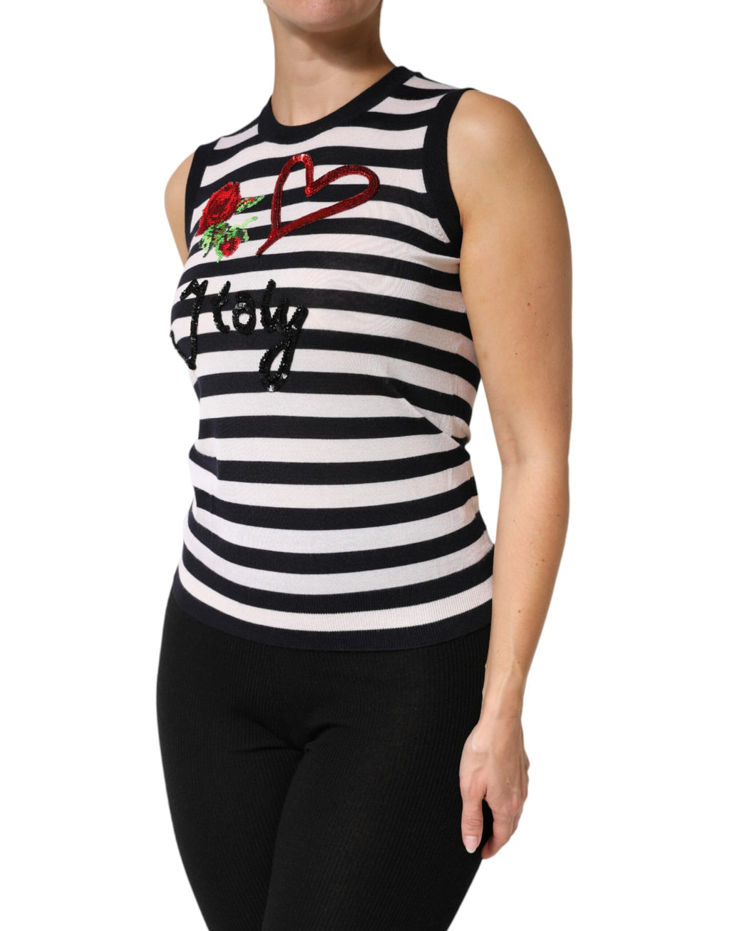Haut sans manches en cachemire et soie noir et blanc de Dolce & Gabbana, détail élégant et tissu doux.