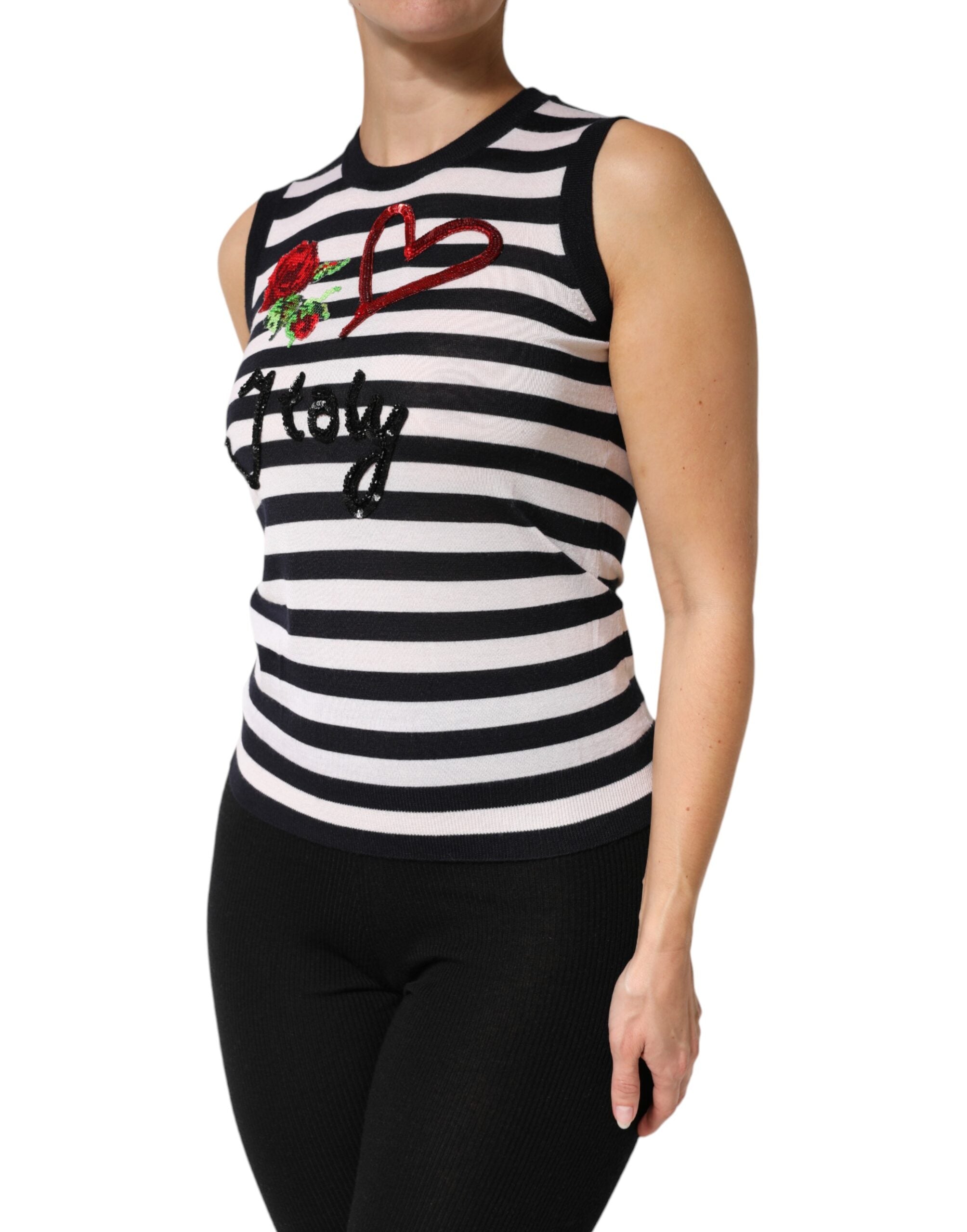 Haut sans manches en cachemire et soie noir et blanc de Dolce & Gabbana, détail élégant et tissu doux.