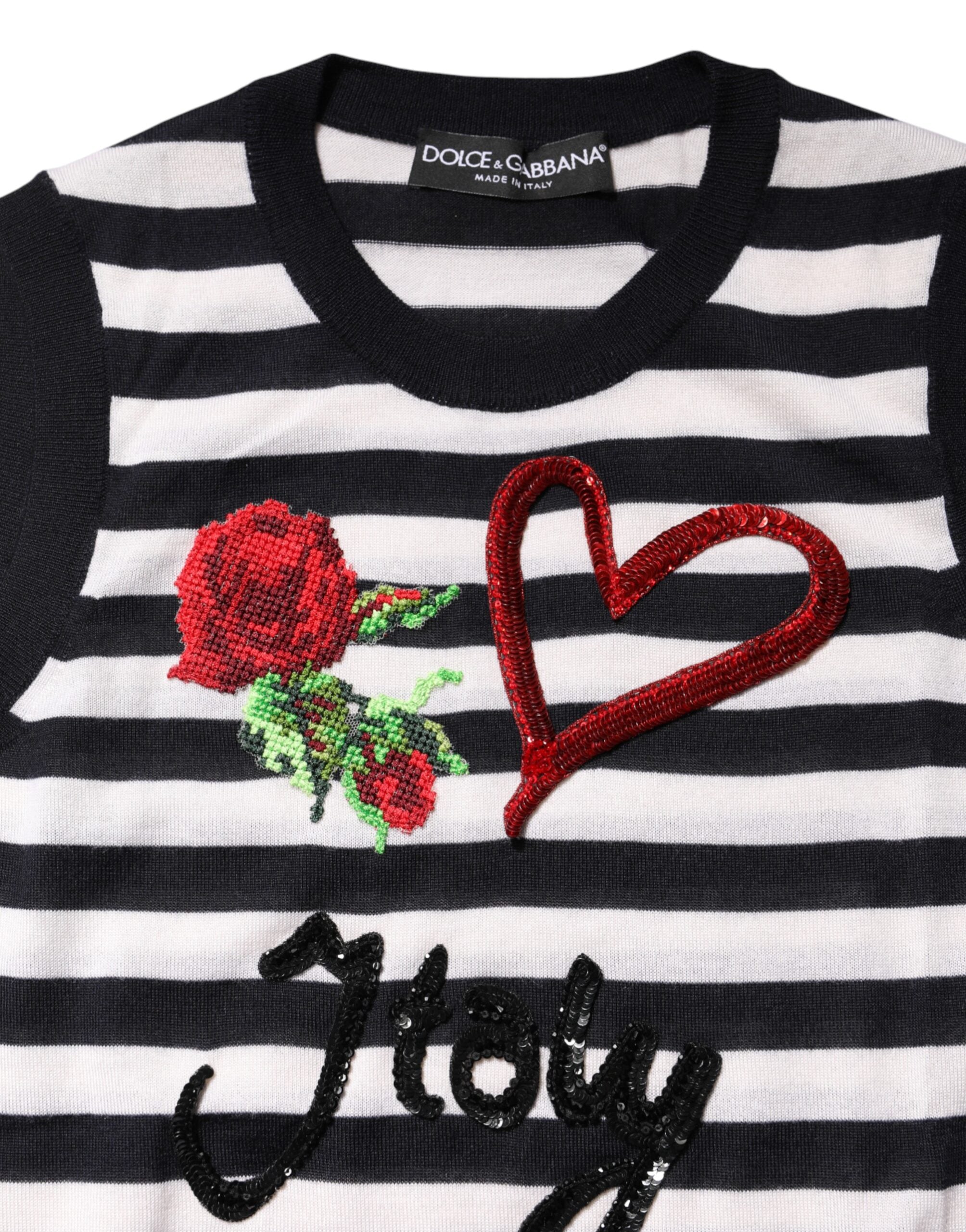 Haut sans manches en cachemire et soie noir et blanc de Dolce & Gabbana, vue de face avec détails élégant.