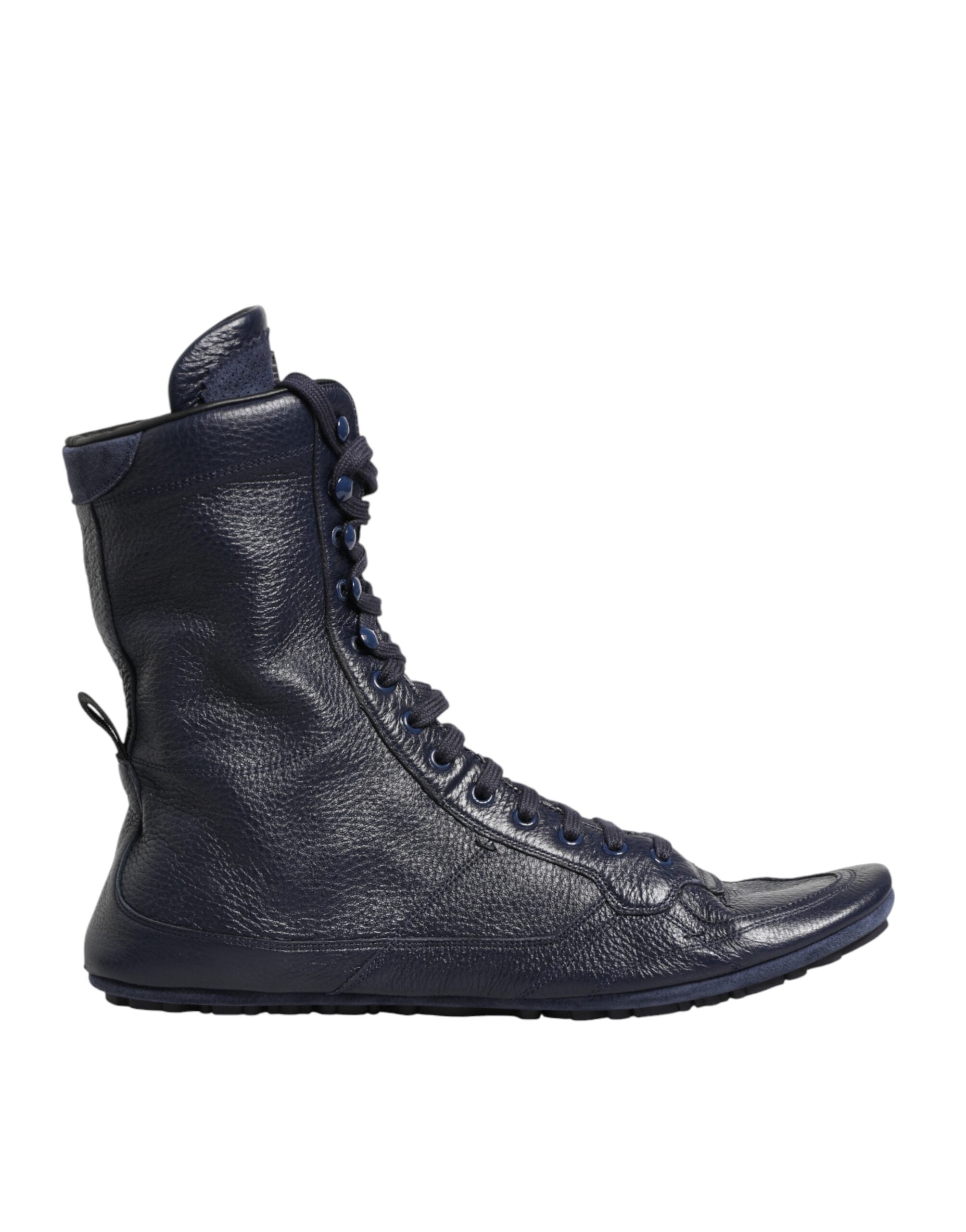 Bottes en cuir de daim bleu foncé Dolce & Gabbana, mi-mollet, avec motif de cerf, pour femmes.