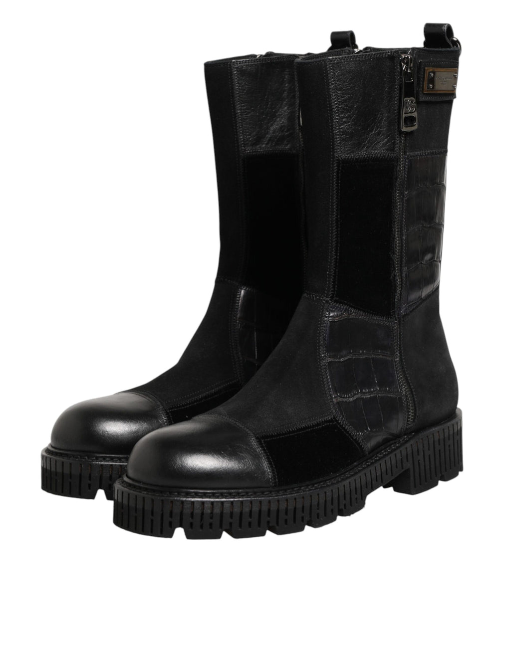 Bottes en cuir patchwork noir Dolce & Gabbana, mi-mollet, style élégant et tendance.