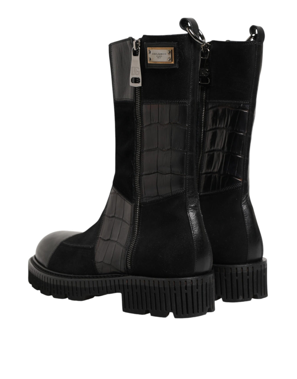 Chaussures Dolce & Gabbana bottines en cuir patchwork noir, mi-mollet, avec talon et design élégant.
