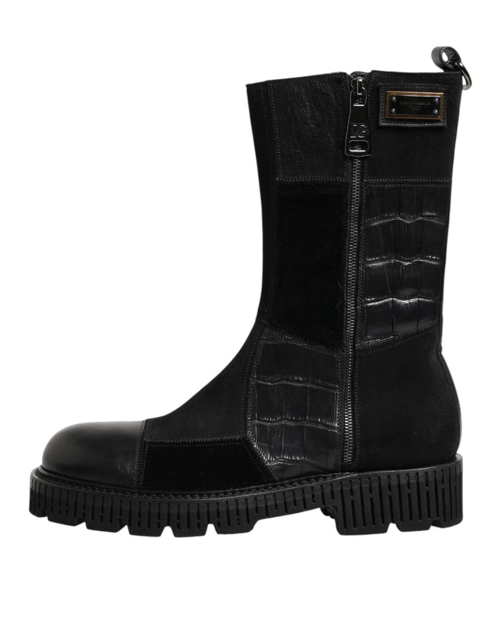Bottes en cuir noir Dolce & Gabbana, mi-mollet, avec patchwork, style élégant et tendance, vues de côté.