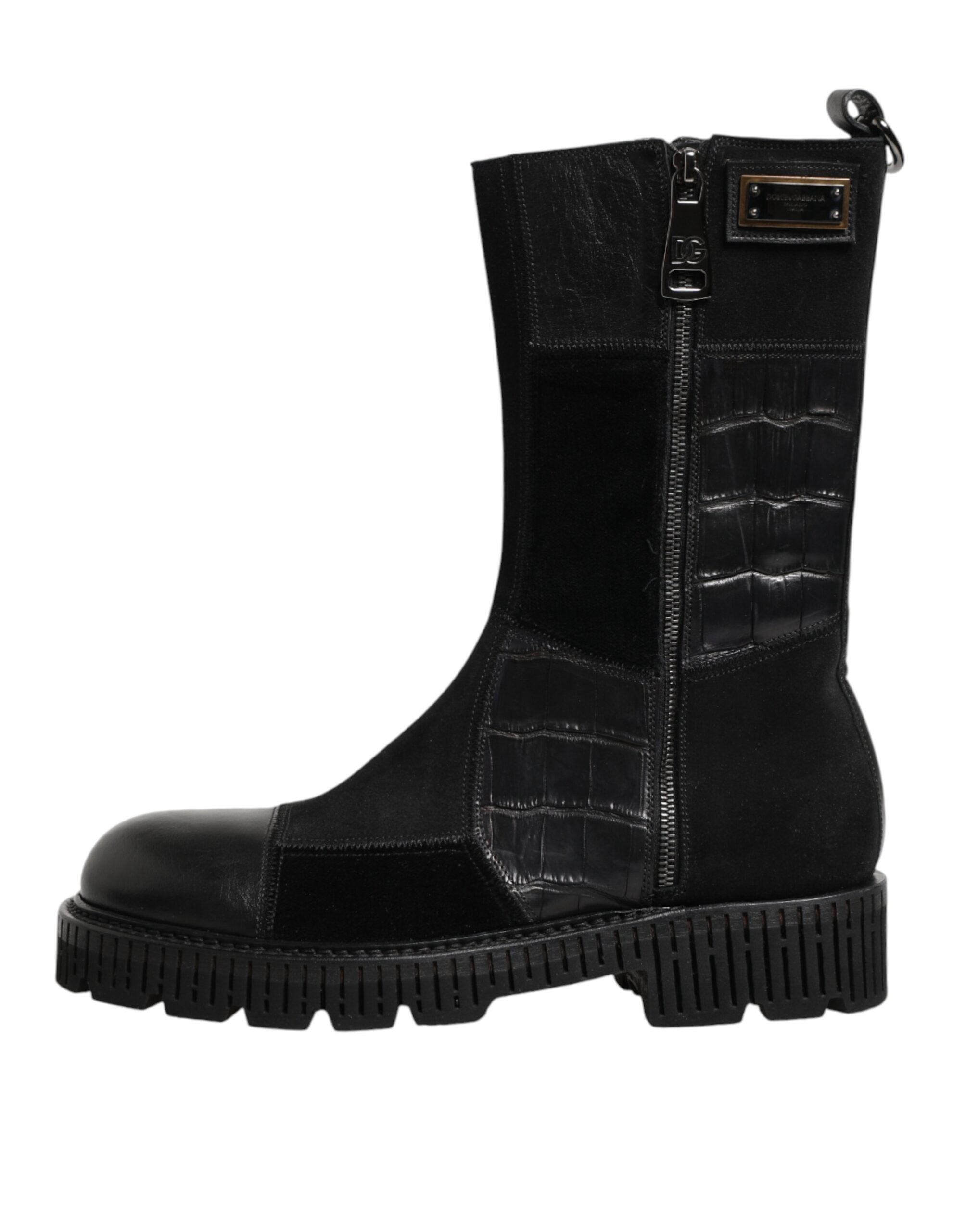 Bottes en cuir noir Dolce & Gabbana, mi-mollet, avec patchwork, style élégant et tendance, vues de côté.