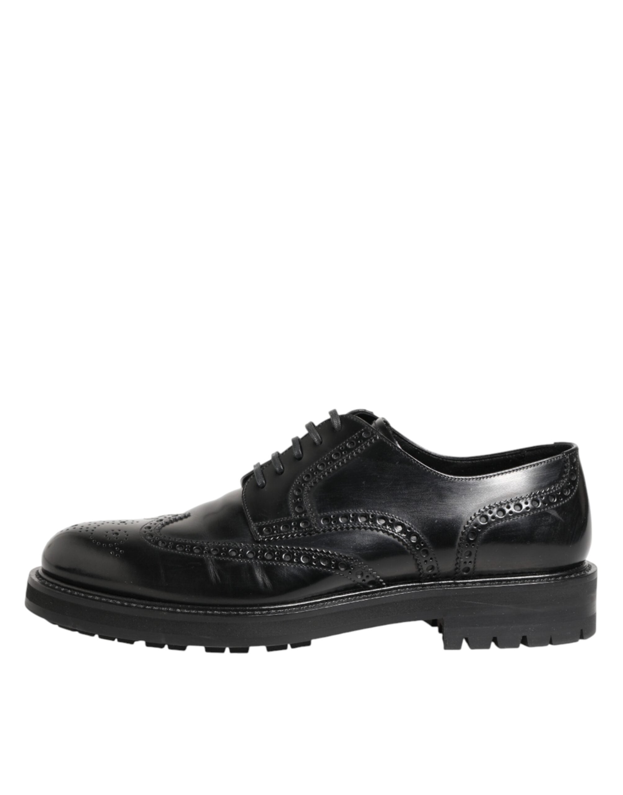 Chaussures Derby pour homme en cuir de veau noir de Dolce & Gabbana, élégantes et sophistiquées, vues de face.