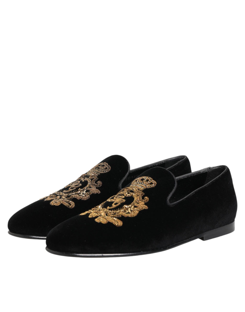 Chaussures loafers pour hommes Dolce & Gabbana en velours noir avec couronne en or, élégantes et sophistiquées.