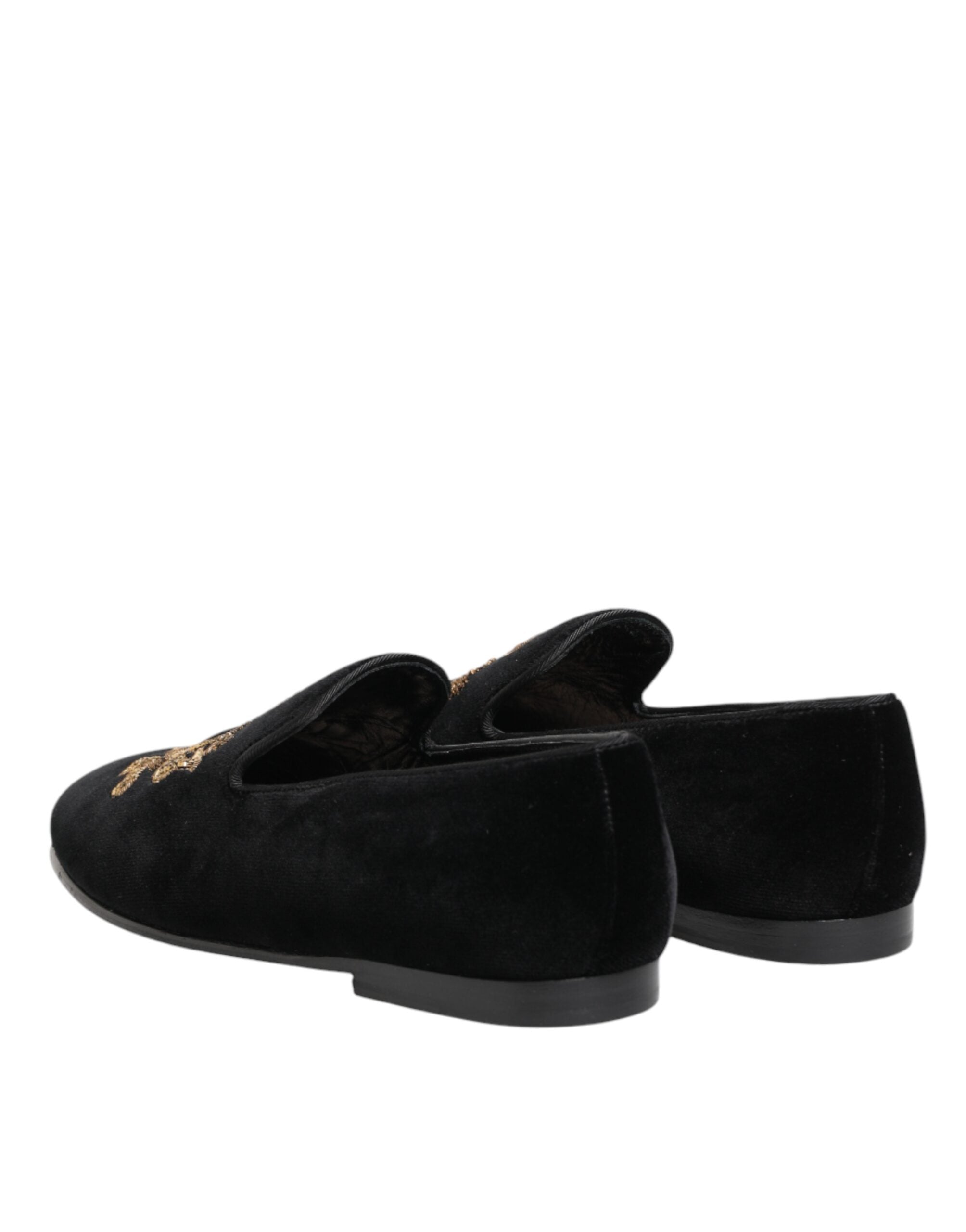 Chaussures mocassins Dolce & Gabbana en velours noir avec couronne en or pour homme, élégantes et sophistiquées.