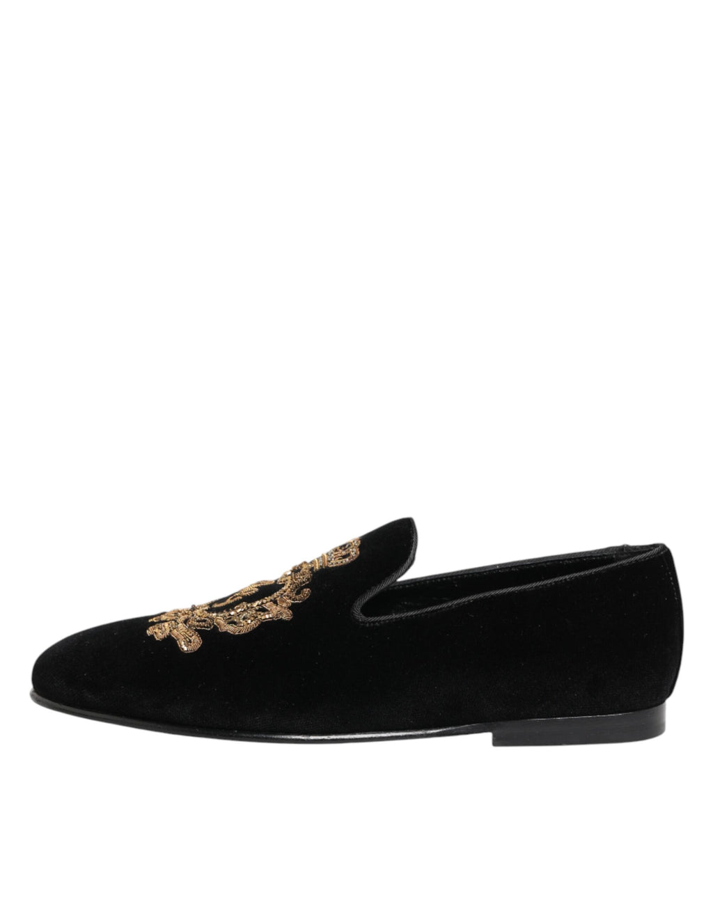 Chaussures loafers pour homme Dolce & Gabbana en velours noir avec couronne dorée, élégantes et sophistiquées.