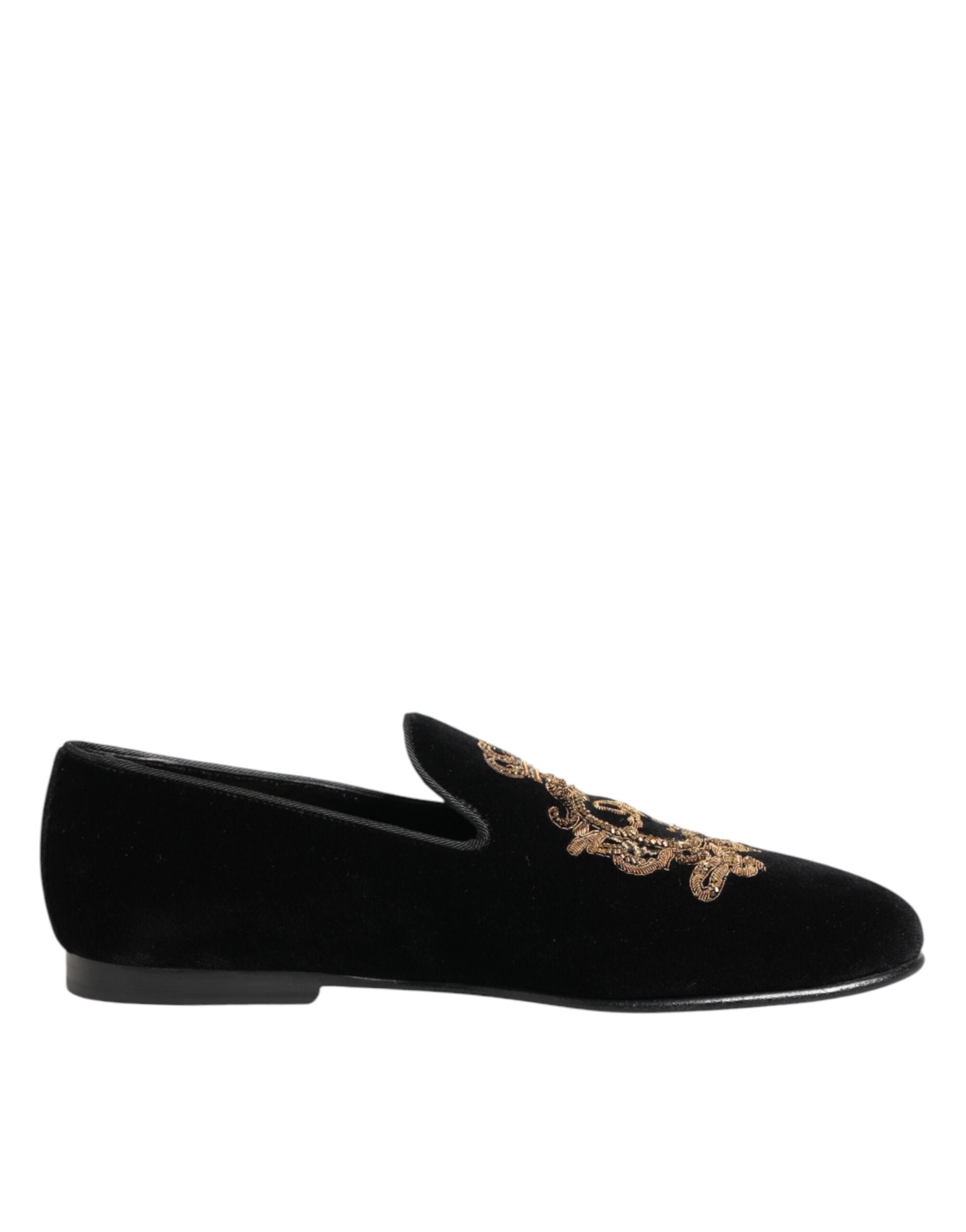 Chaussures mocassins pour hommes Dolce & Gabbana en velours noir avec couronne dorée, design élégant et sophistiqué.
