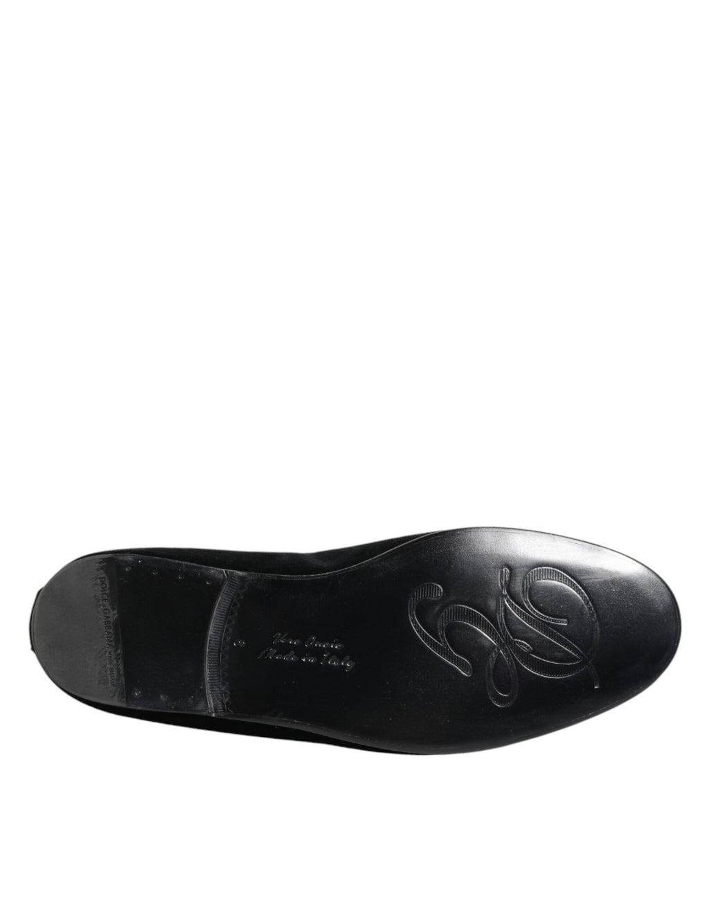 Chaussures loafers pour hommes Dolce & Gabbana en velours noir avec couronne en or, style élégant et sophistiqué.