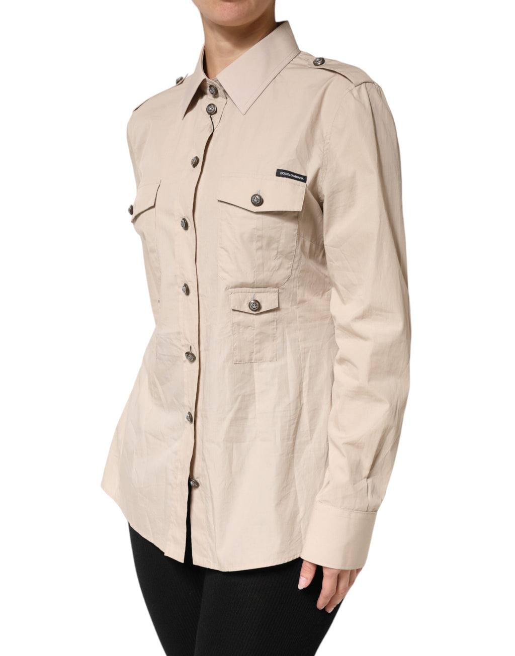 Chemise beige à col et manches longues en coton Dolce & Gabbana, vue de face, élégante et classique.