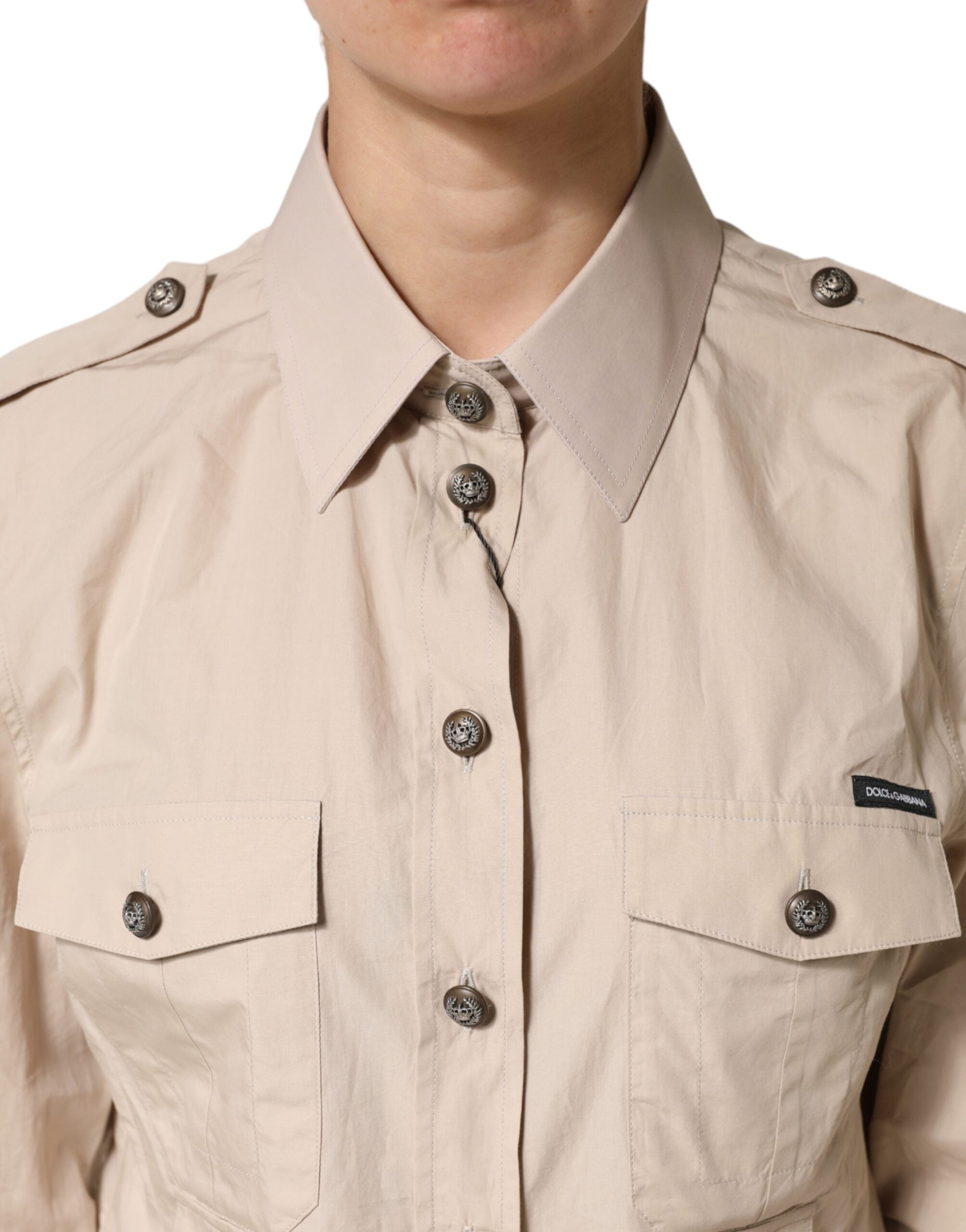 Chemise en coton beige à col avec manches longues de Dolce & Gabbana, vue de face.