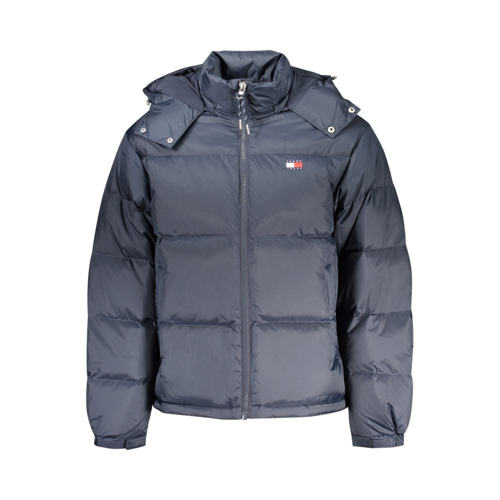 Veste en polyester bleue pour homme de la marque Tommy Hilfiger, vue de face avec col et fermeture éclair visible.