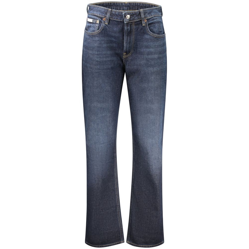 Jeans femme en coton bleu à taille haute de la marque Calvin Klein, coupe classique et denim confortable.