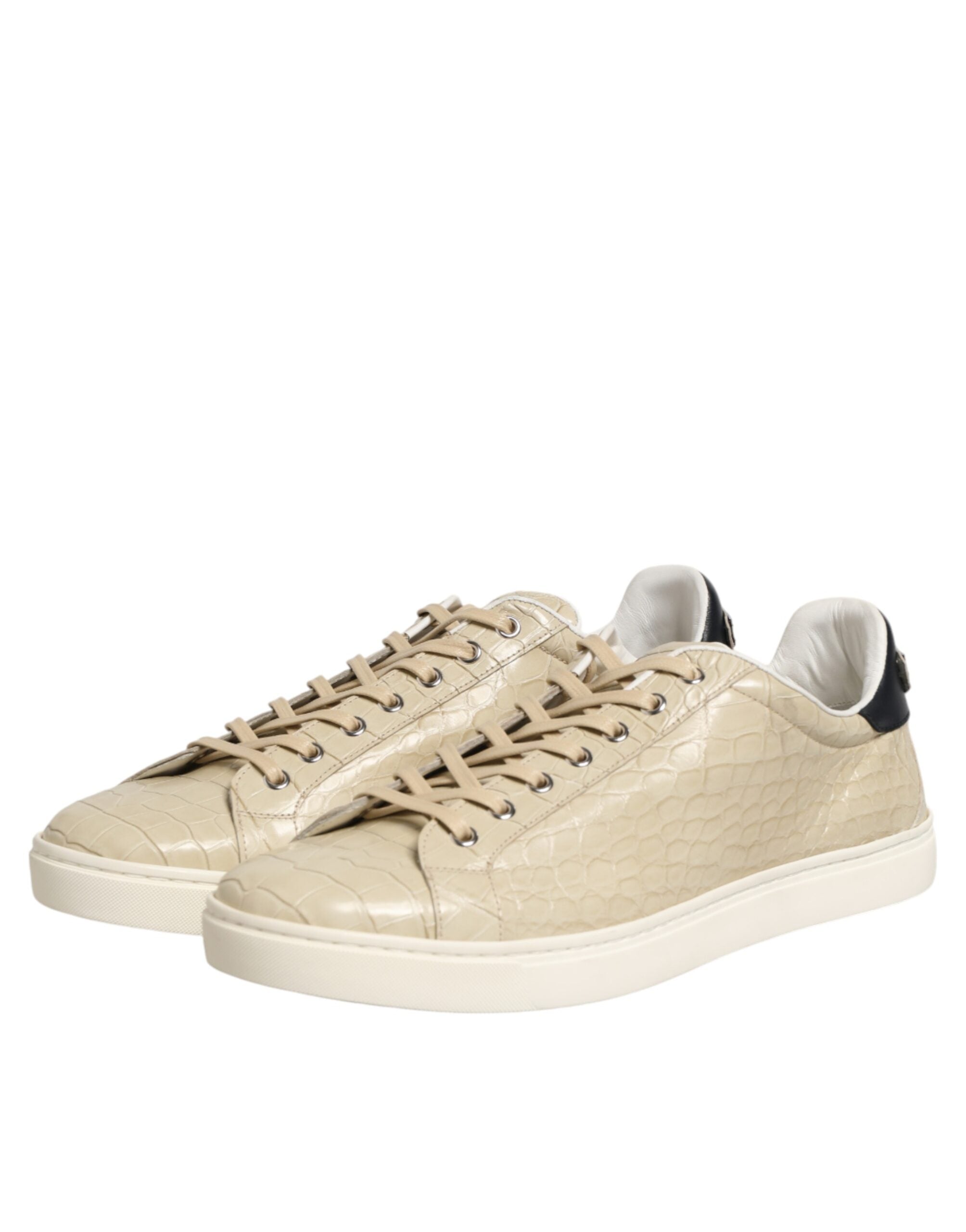 Chaussures sneakers basses en cuir beige Dolce & Gabbana London Low Top, vue de face avec détails de la semelle.