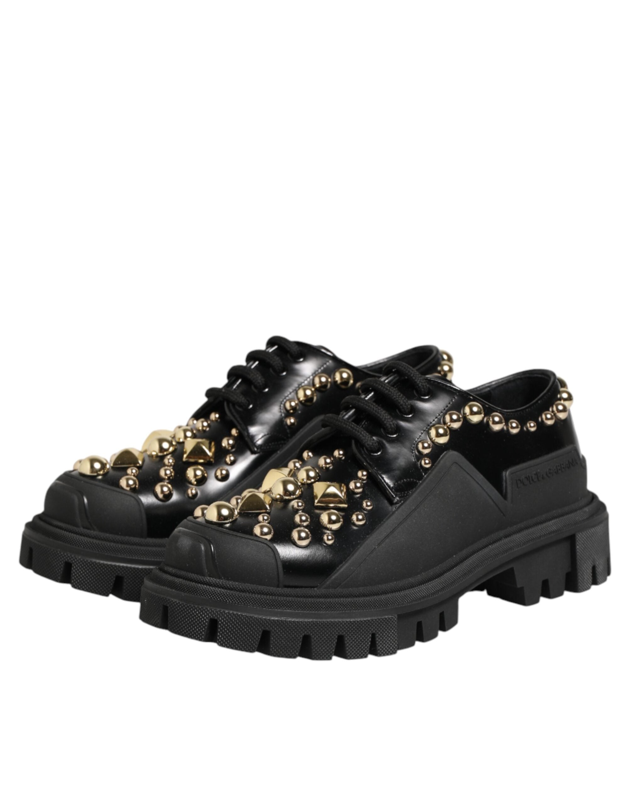 Chaussures Derby en cuir noir Dolce & Gabbana ornées de cristaux et de bijoux, élégantes et sophistiquées.