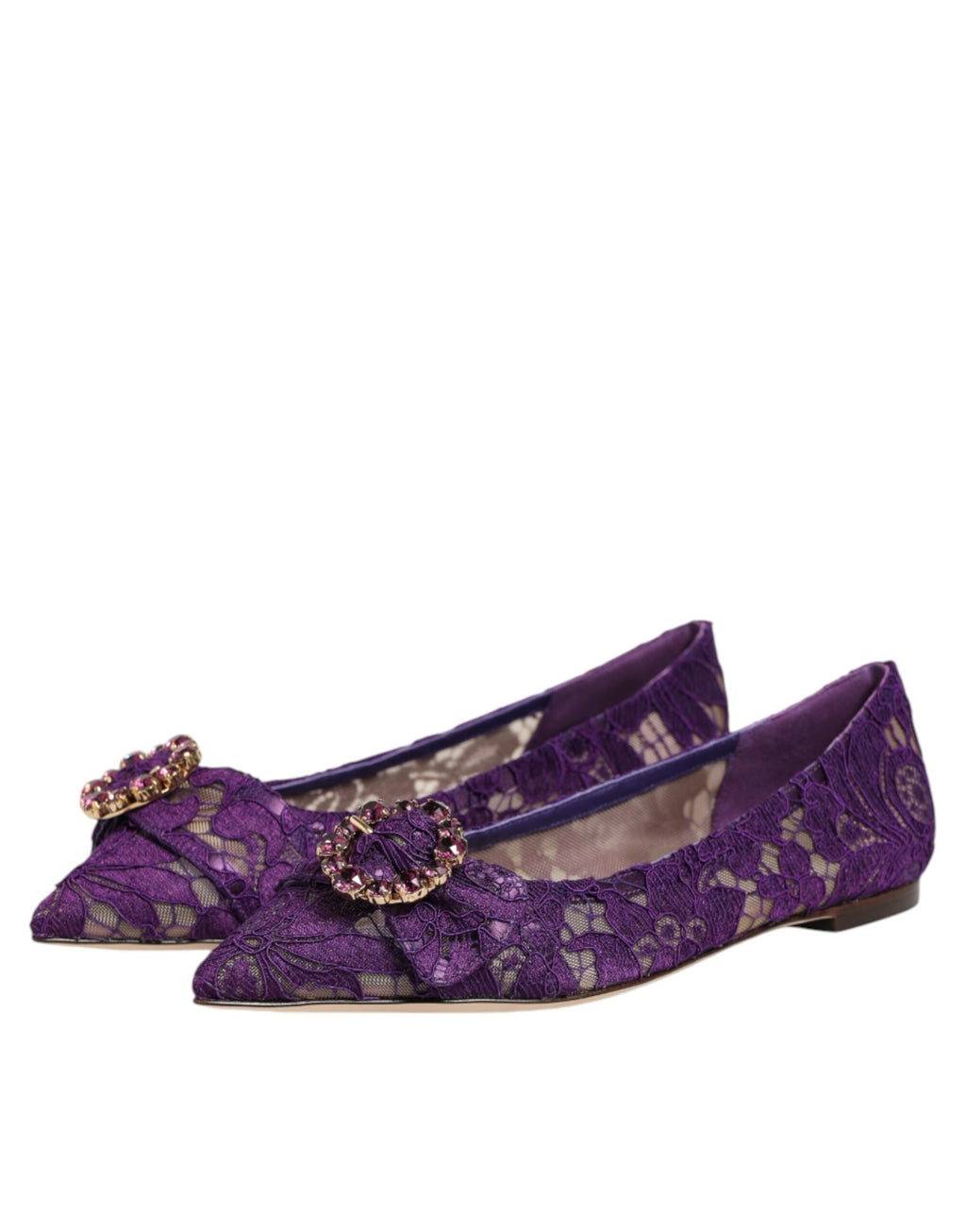 Chaussures plates Dolce & Gabbana Taormina violettes en dentelle avec cristaux, élégantes et raffinées.